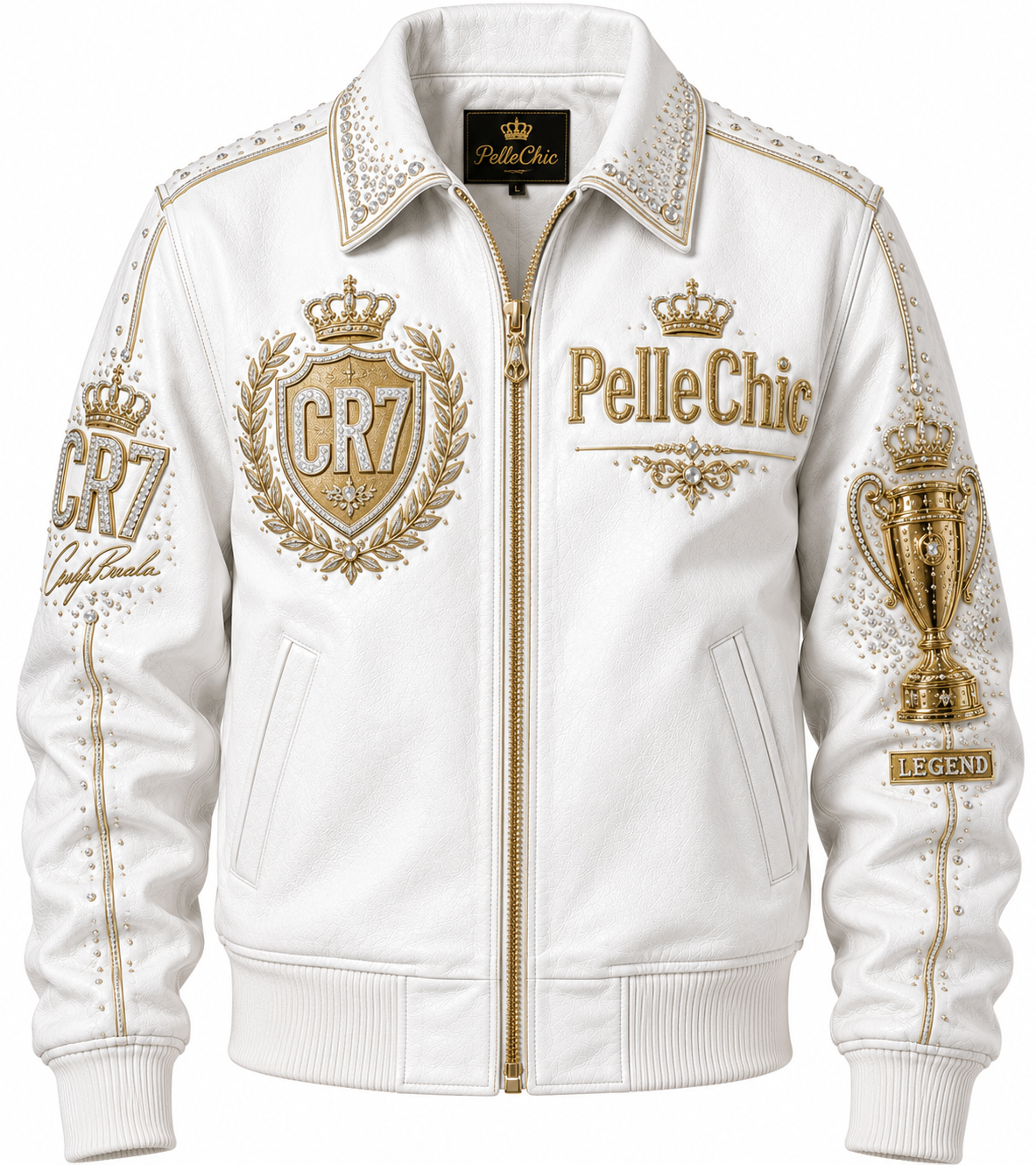 PelleChic CR7 Limited Edition White Leather Gold & Crystal Embroidered “Legend” Edition leathertaboo.com