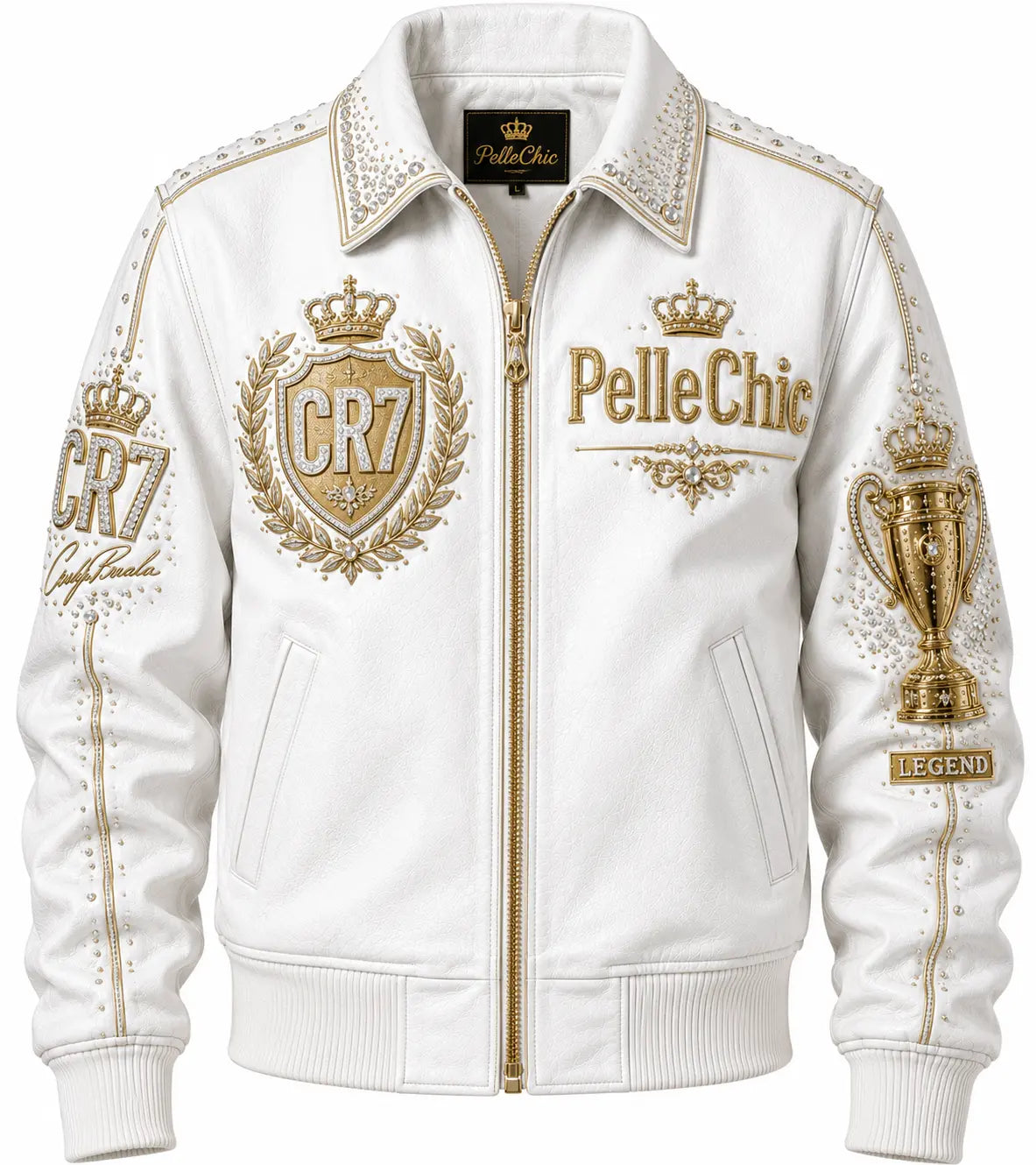 PelleChic CR7 Limited Edition White Leather Gold & Crystal Embroidered “Legend” Edition leathertaboo.com