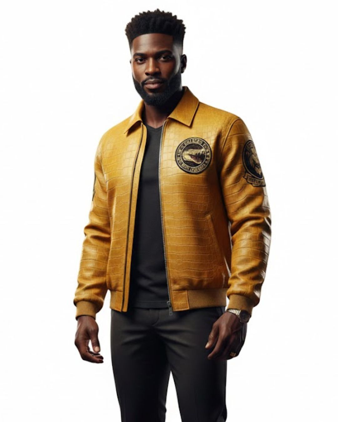 PelleChic™ “South Side Legend” Ochre Leather Bomber – Elite Croco-Embossed Alligator Edition leathertaboo.com