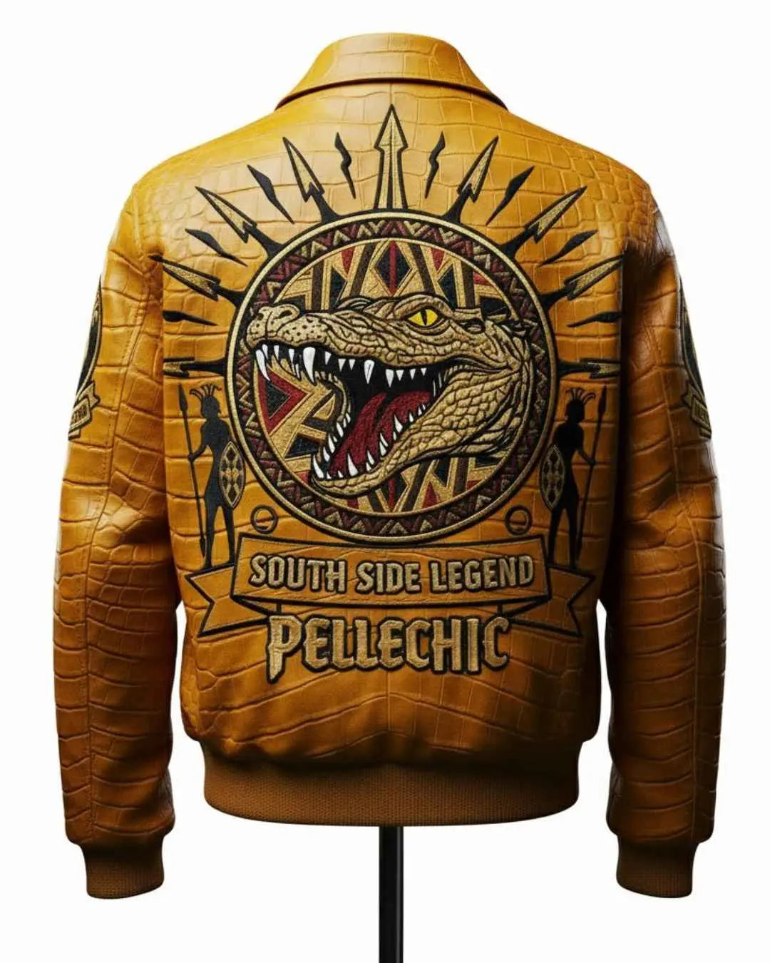 PelleChicโข โSouth Side Legendโ Ochre Leather Bomber โ Elite Croco-Embossed Alligator Edition