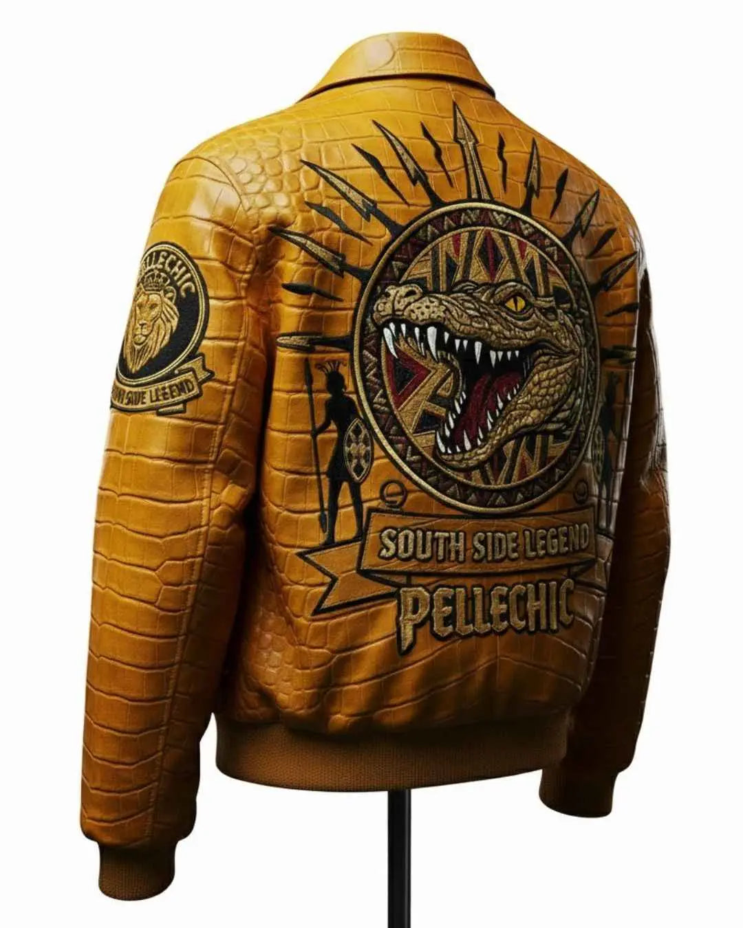 PelleChicโข โSouth Side Legendโ Ochre Leather Bomber โ Elite Croco-Embossed Alligator Edition
