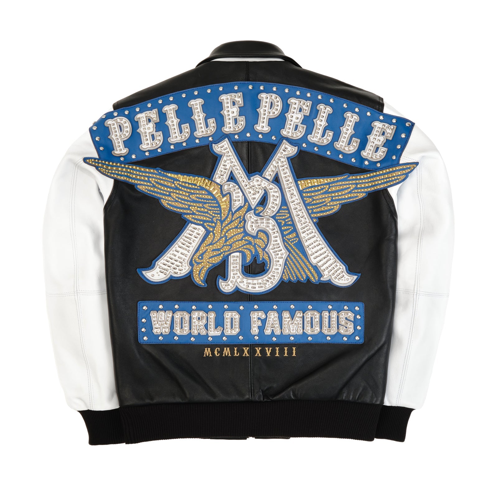 Pelle Pelle World Famous MB Jacket for Men – Black & White Cowhide Leather with Crystal Eagle Back Patch