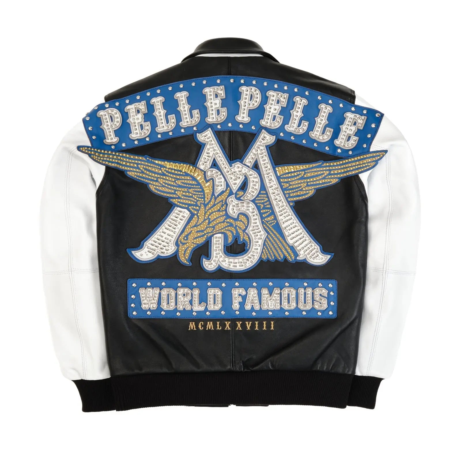 Pelle Pelle World Famous MB Jacket for Men – Black & White Cowhide Leather with Crystal Eagle Back Patch - Leather taboo