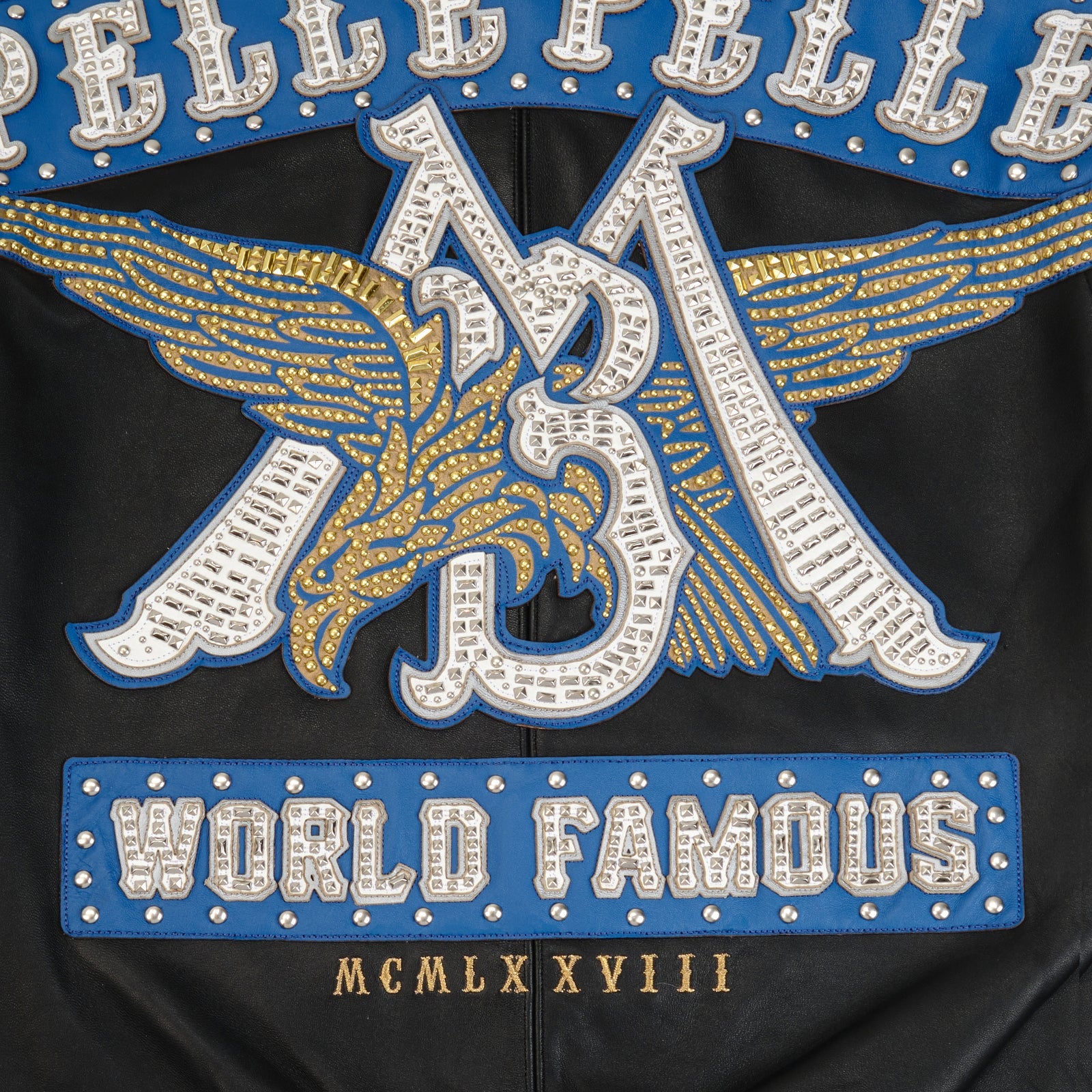 Pelle Pelle World Famous MB Jacket for Men – Black & White Cowhide Leather with Crystal Eagle Back Patch