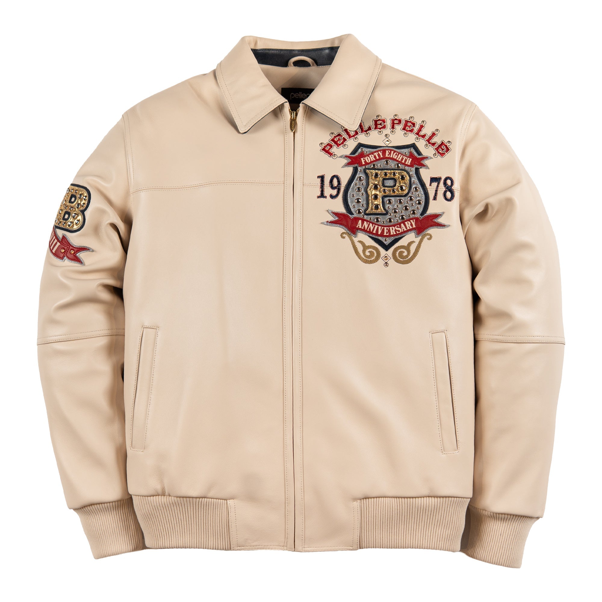 Front of cream studded leather bomber jacket with 1978 anniversary chest shield, B sleeve badge and full zip