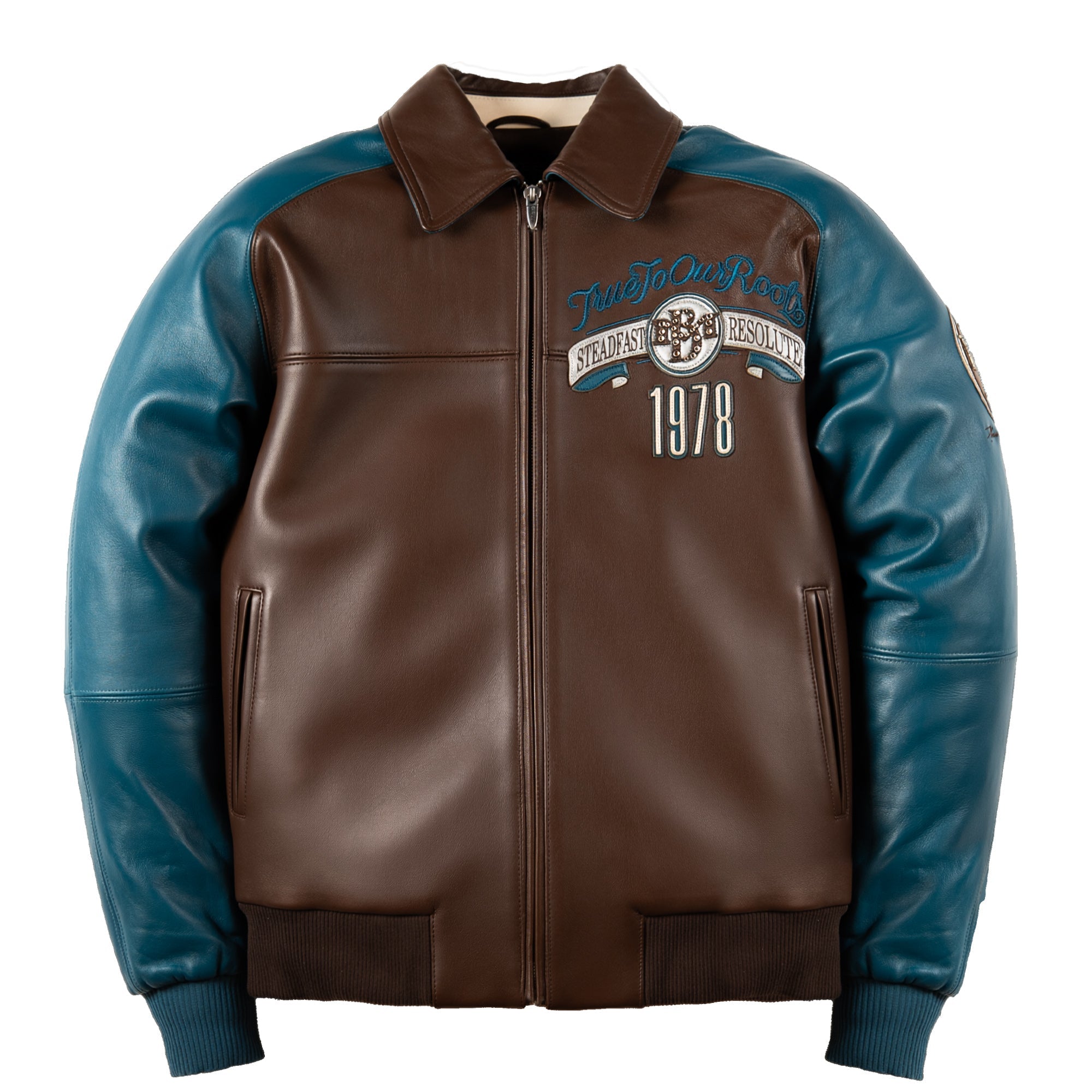 Handmade two-tone leather bomber jacket, brown body, teal raglan sleeves, ribbed cuffs and full zip, front view
