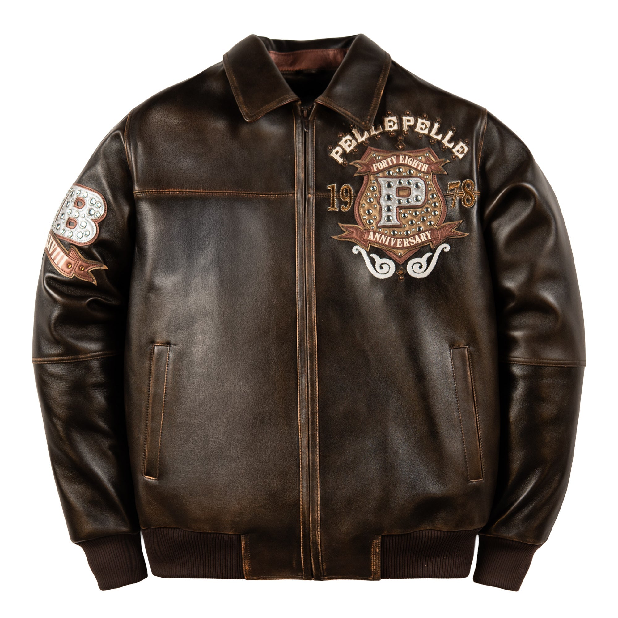 Handmade distressed brown cowhide varsity bomber jacket with shirt collar, brass zip and ribbed cuffs, front view