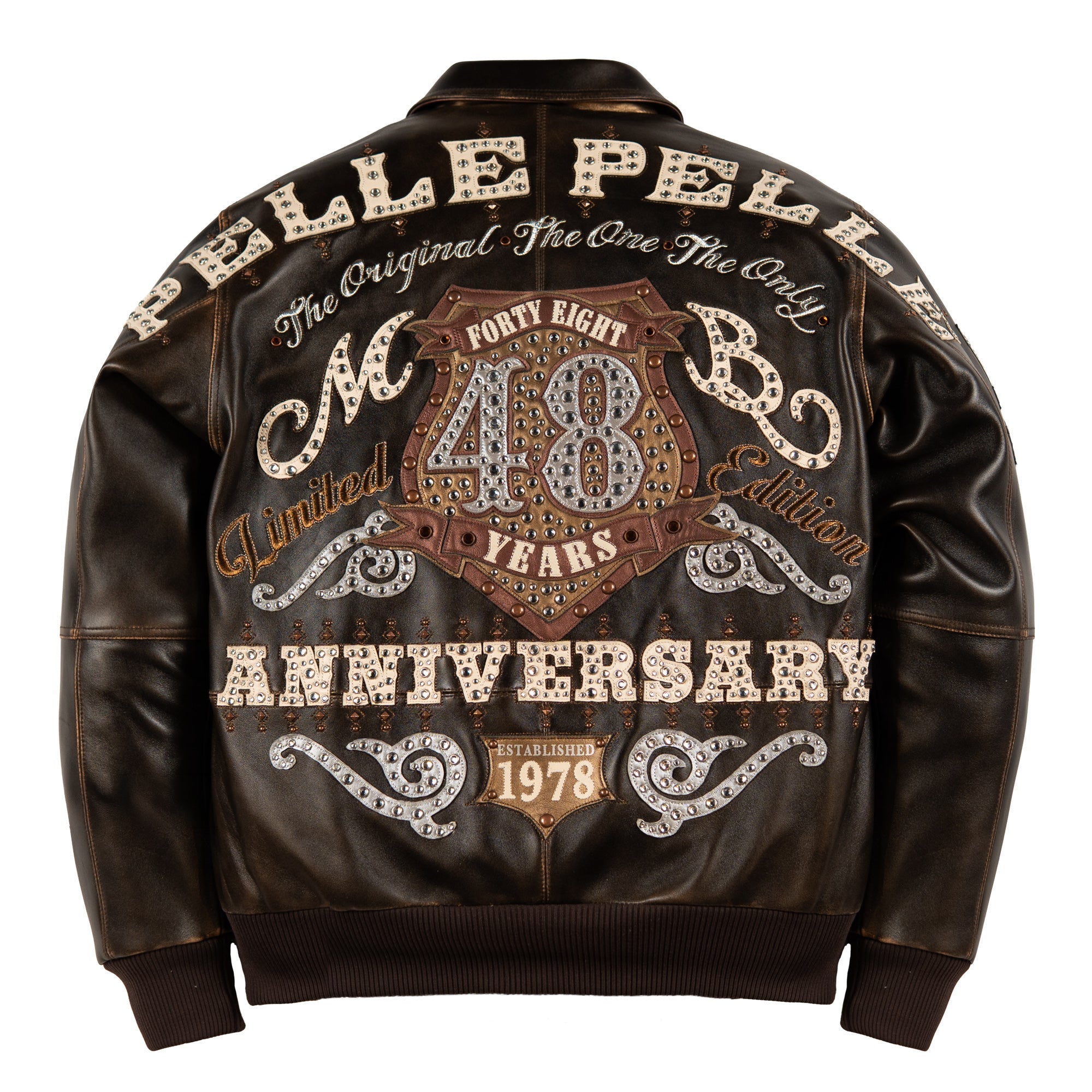 Back of antique brown leather jacket with cream studded Pelle Pelle lettering, 48 Years shield crest and Established 1978 pennant