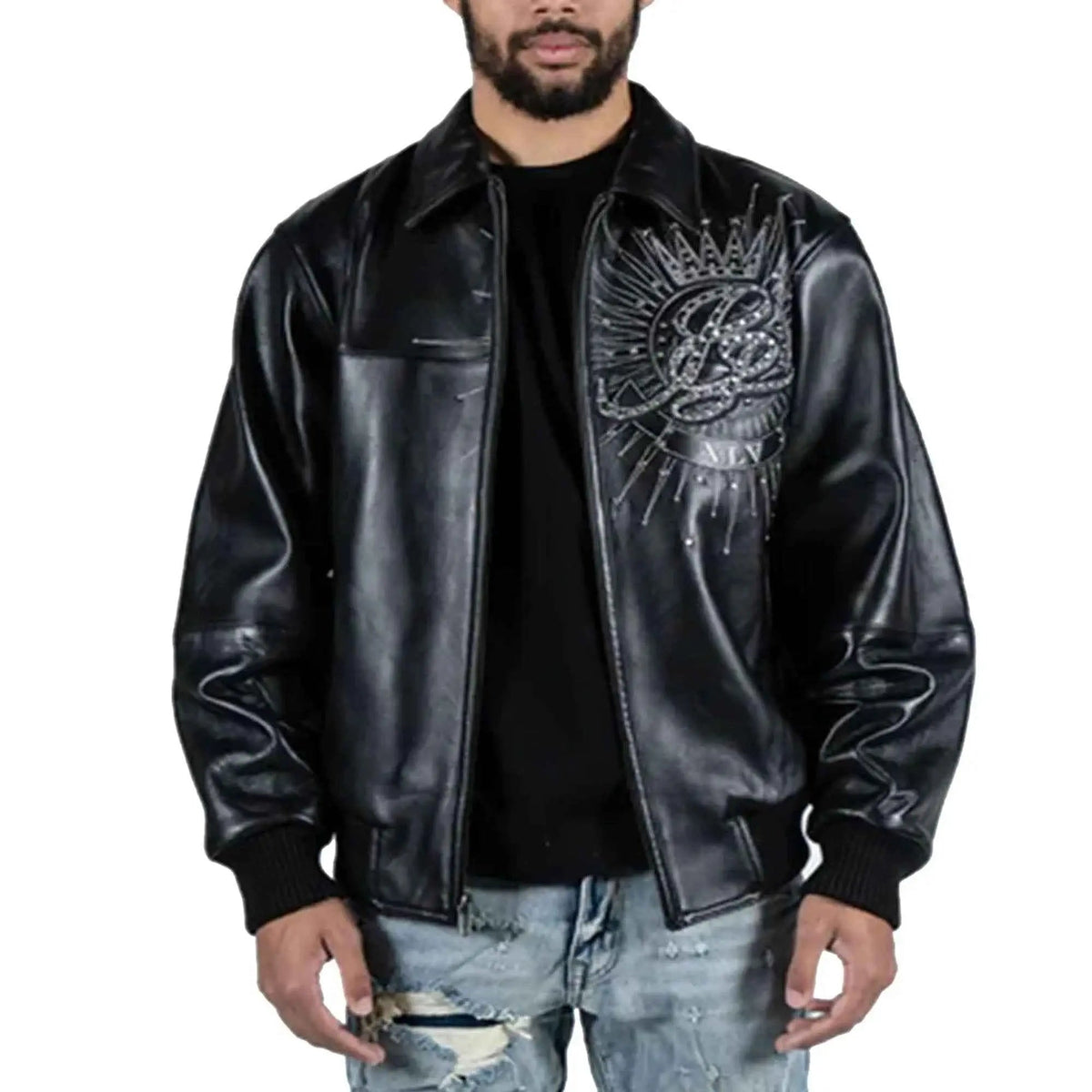 45th Anniversary genuine leather jacket for men, front view in black with anniversary detailing