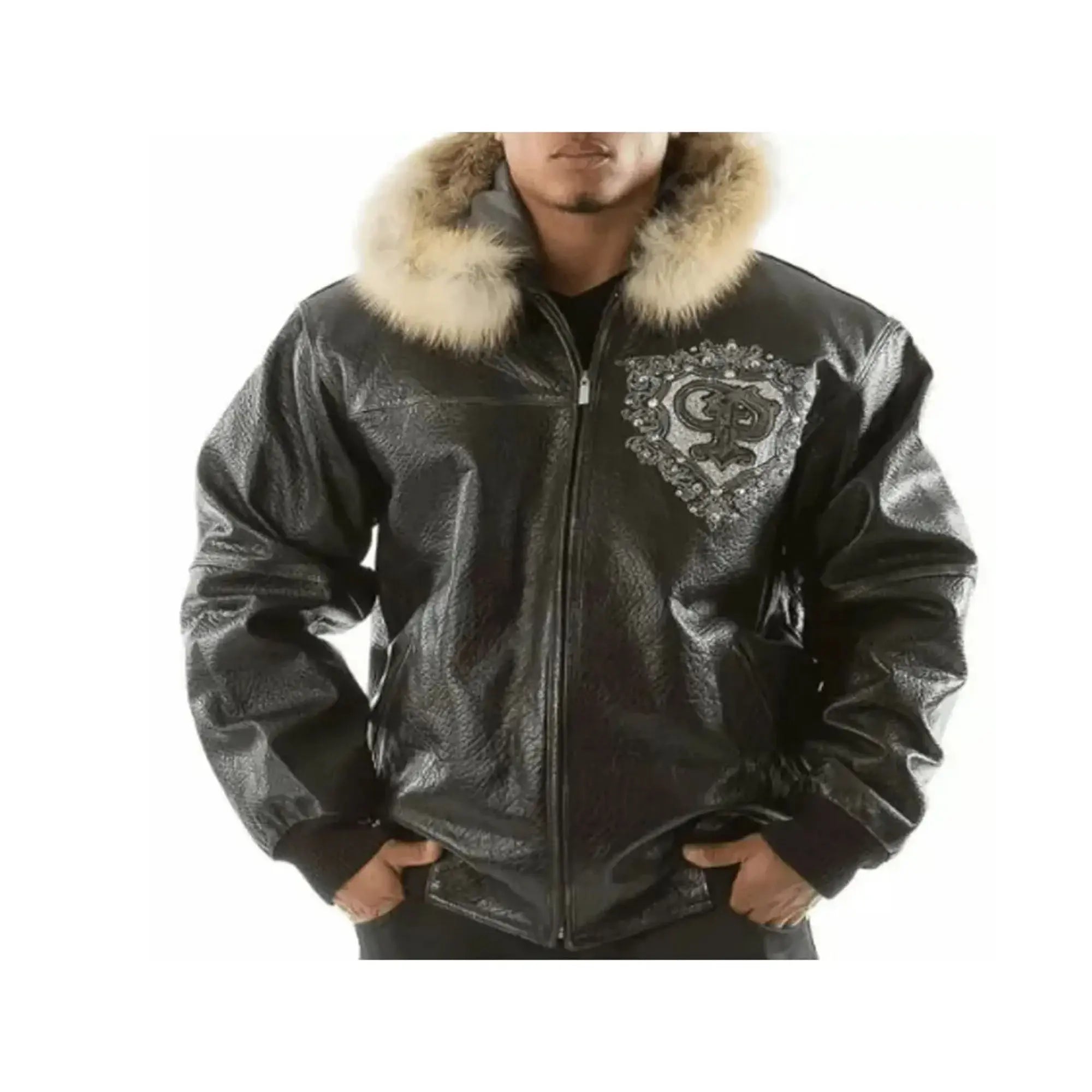 Pelle Pelle PP Crest fur hood black leather jacket front