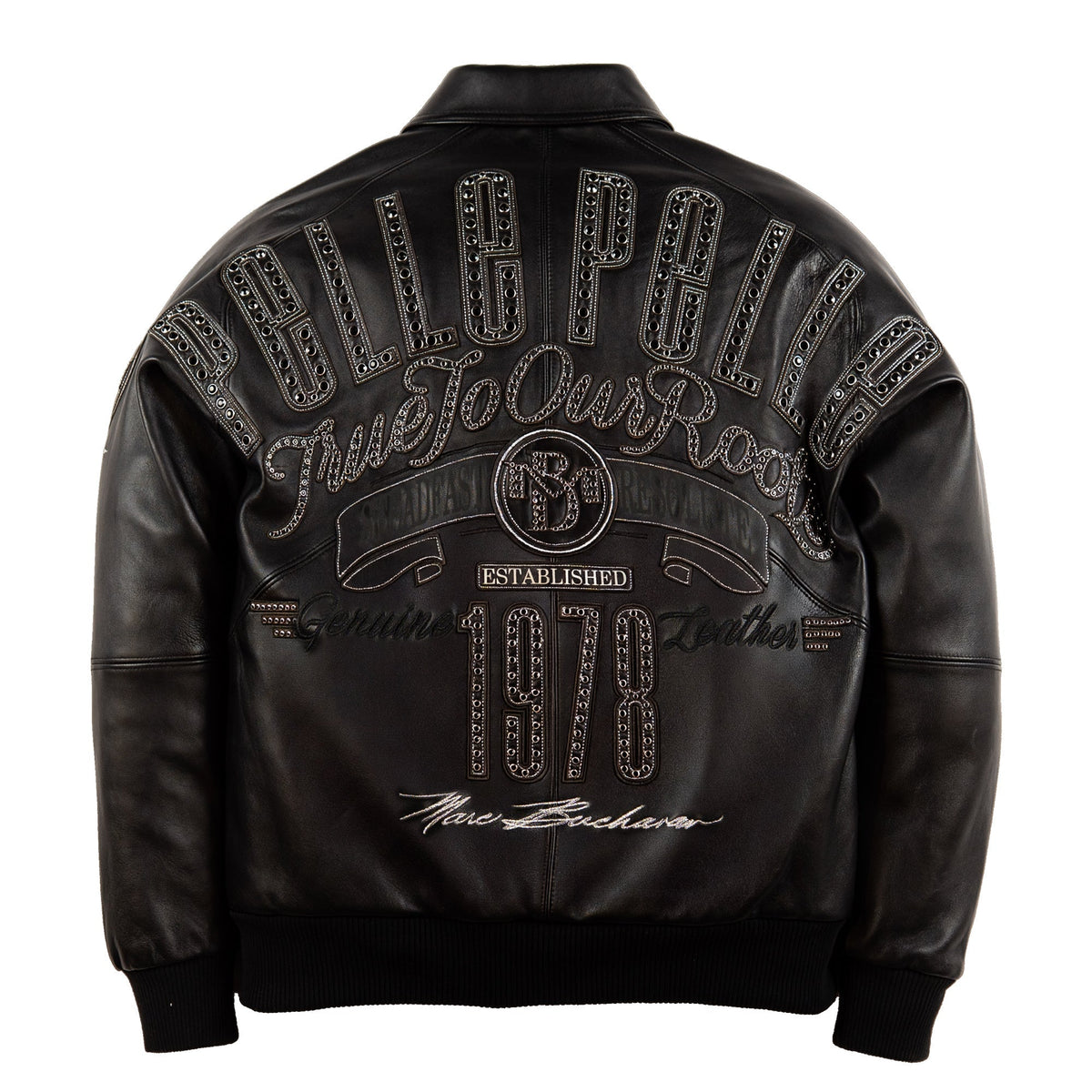 Back of all-black Pelle Pelle-style leather varsity jacket with tonal studded lettering, True To Our Roots script and 1978