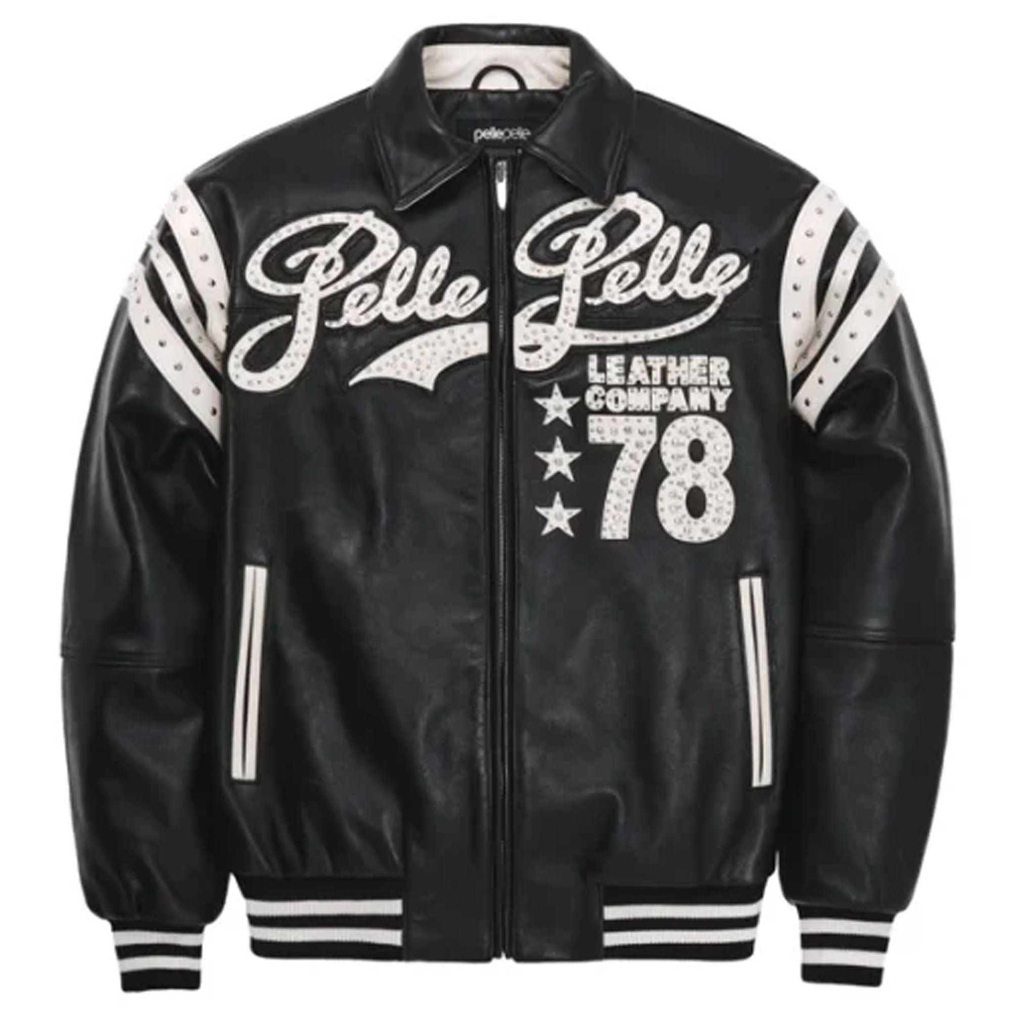 Pelle Pelle encrusted varsity leather jacket front view