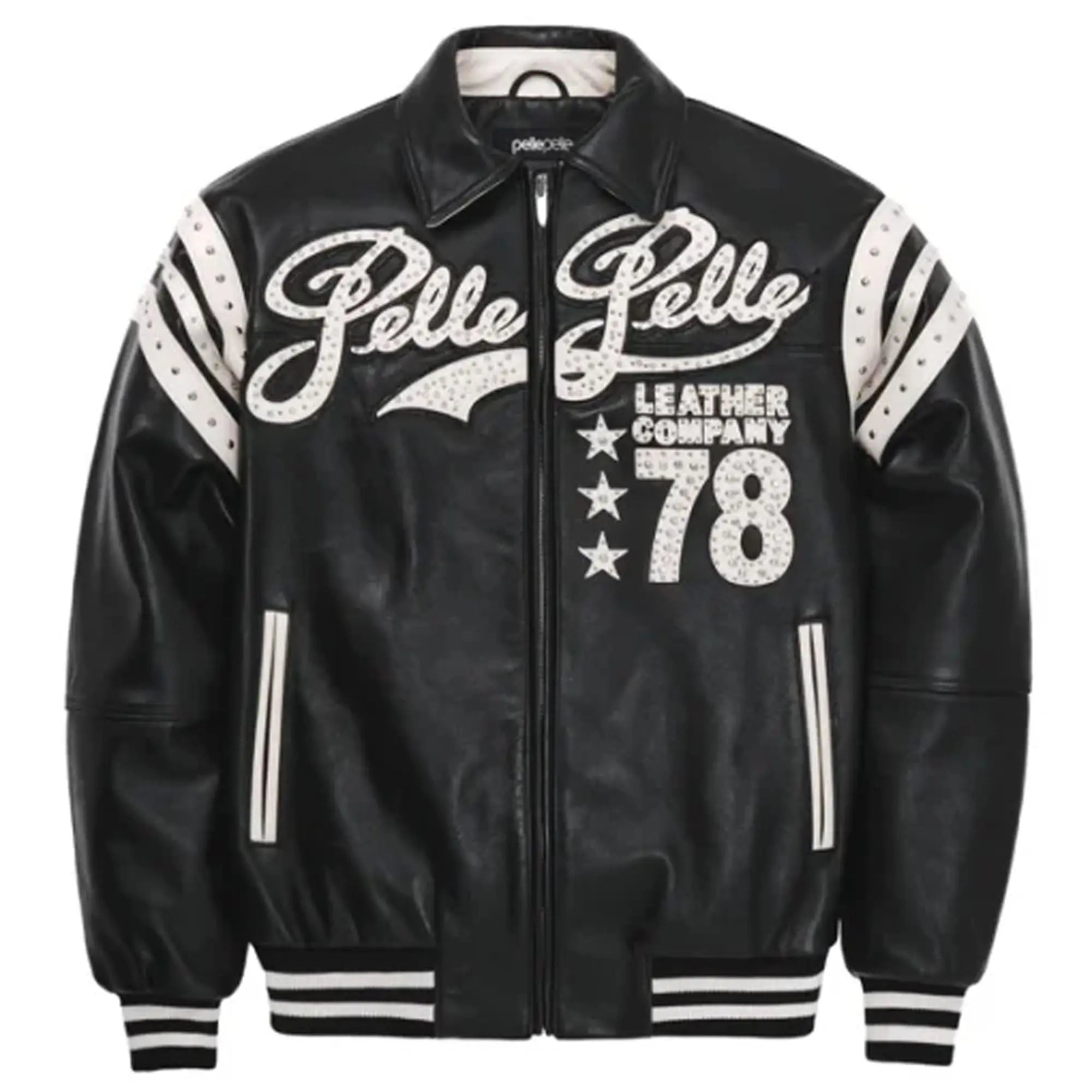Pelle Pelle encrusted varsity leather jacket front view