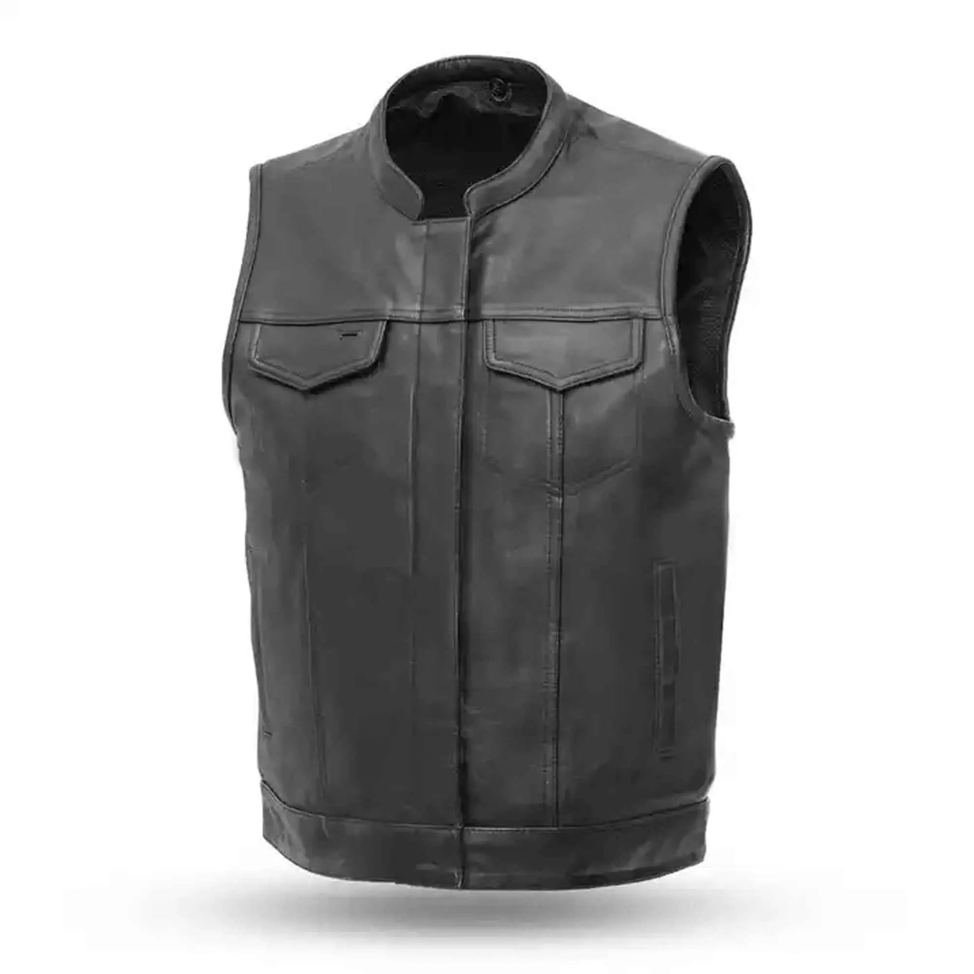 Perforated black cowhide leather motorcycle vest front