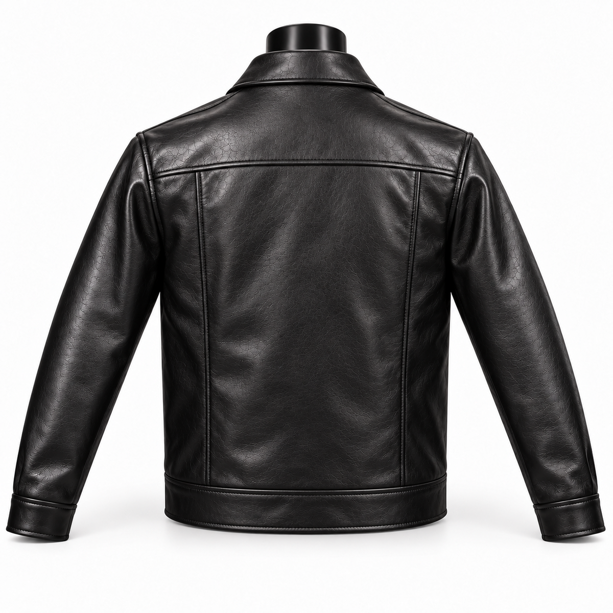 Back view of Phantom men's black cowhide leather jacket showing the shoulder yoke, vertical panel seams, long sleeves and defined hem band.