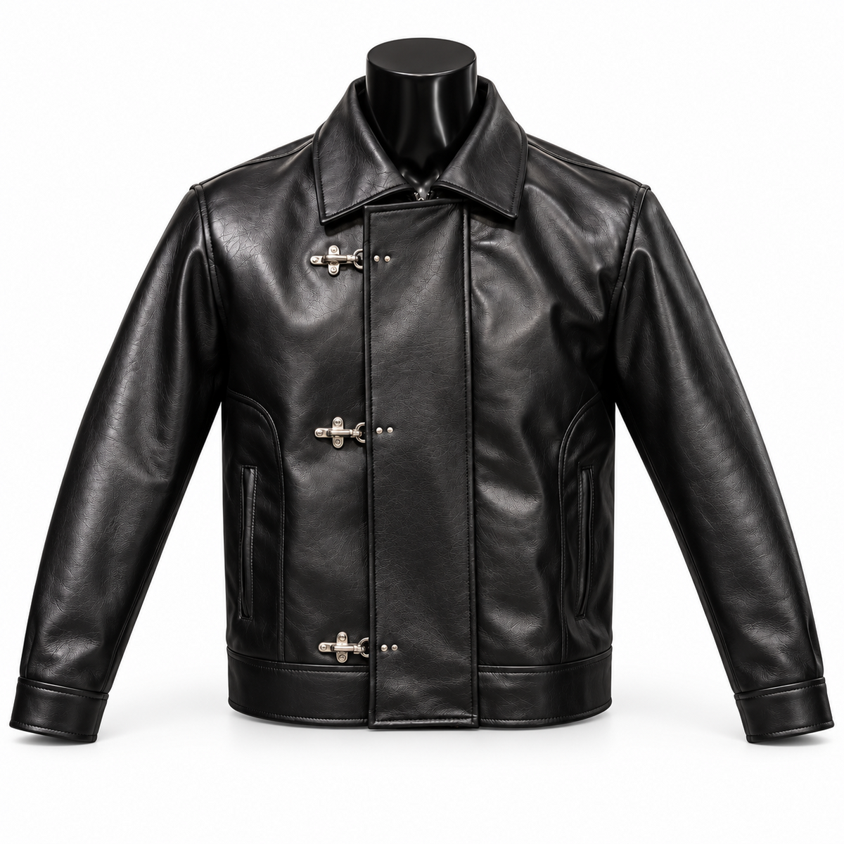Front view of Phantom men's black cowhide leather jacket with a pointed collar, broad front placket, three metal clasps and lower pockets.