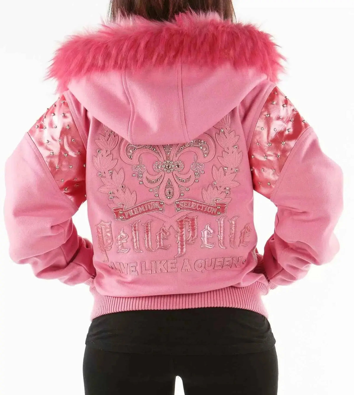 Pink Leather Jacket With Fur Hood, hood detail