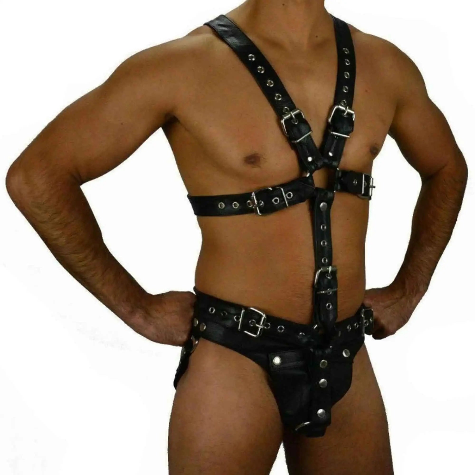 Premium Handmade Real Leather Full Body Harness with Jock โ Adjustable Black Fetish Wear - Leather taboo