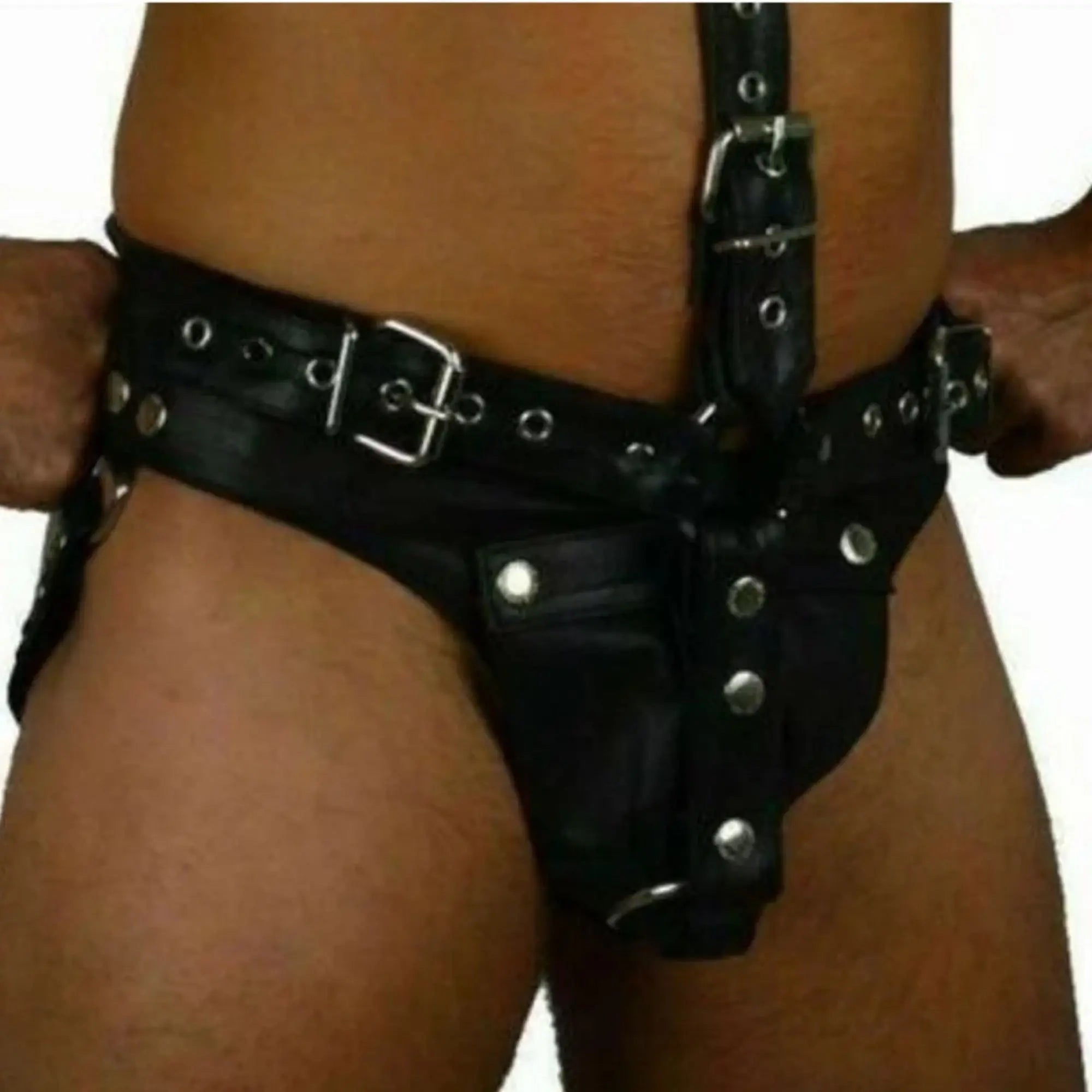 Premium Handmade Real Leather Full Body Harness with Jock โ Adjustable Black Fetish Wear - Leather taboo