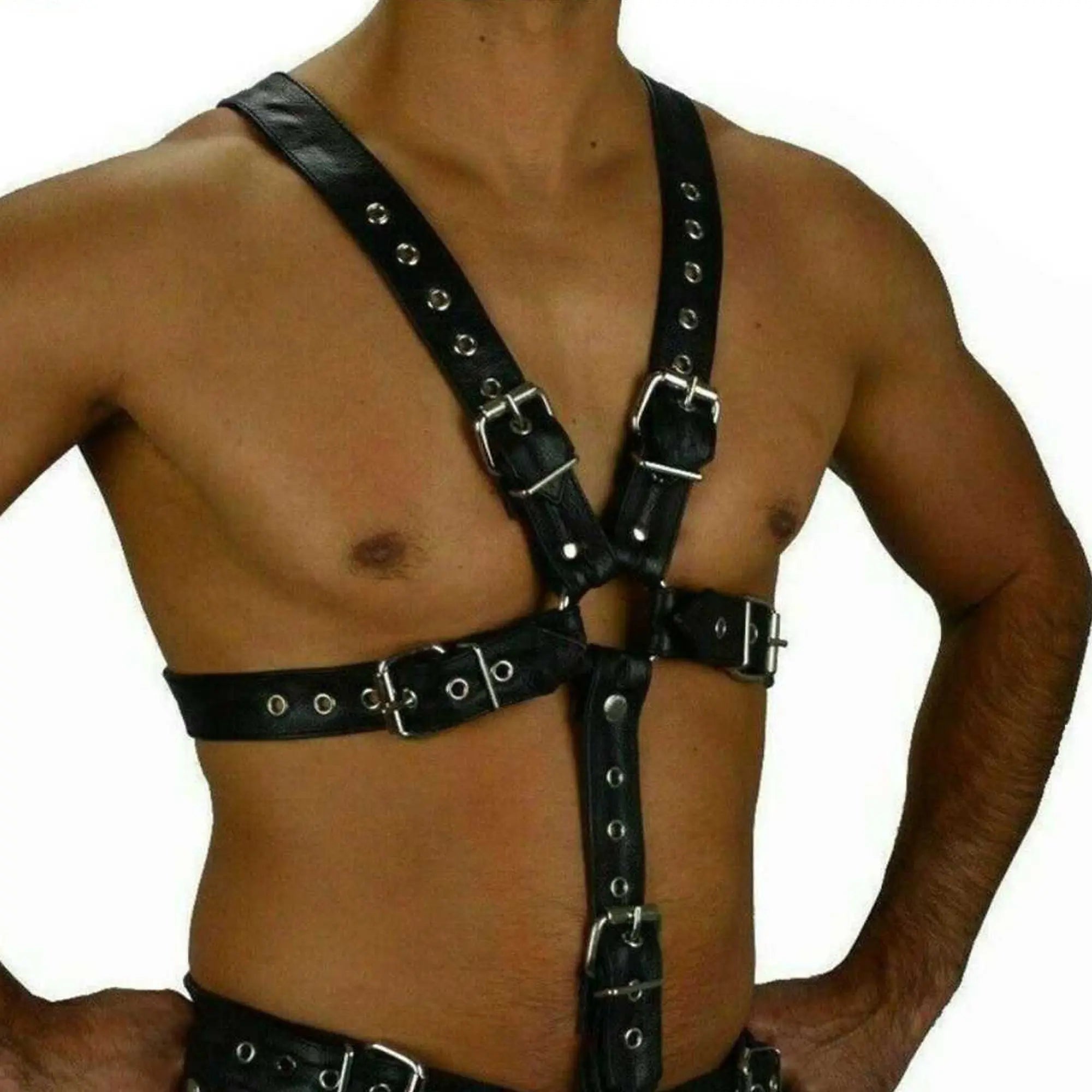 Premium Handmade Real Leather Full Body Harness with Jock – Adjustable Black Fetish Wear - Leather taboo