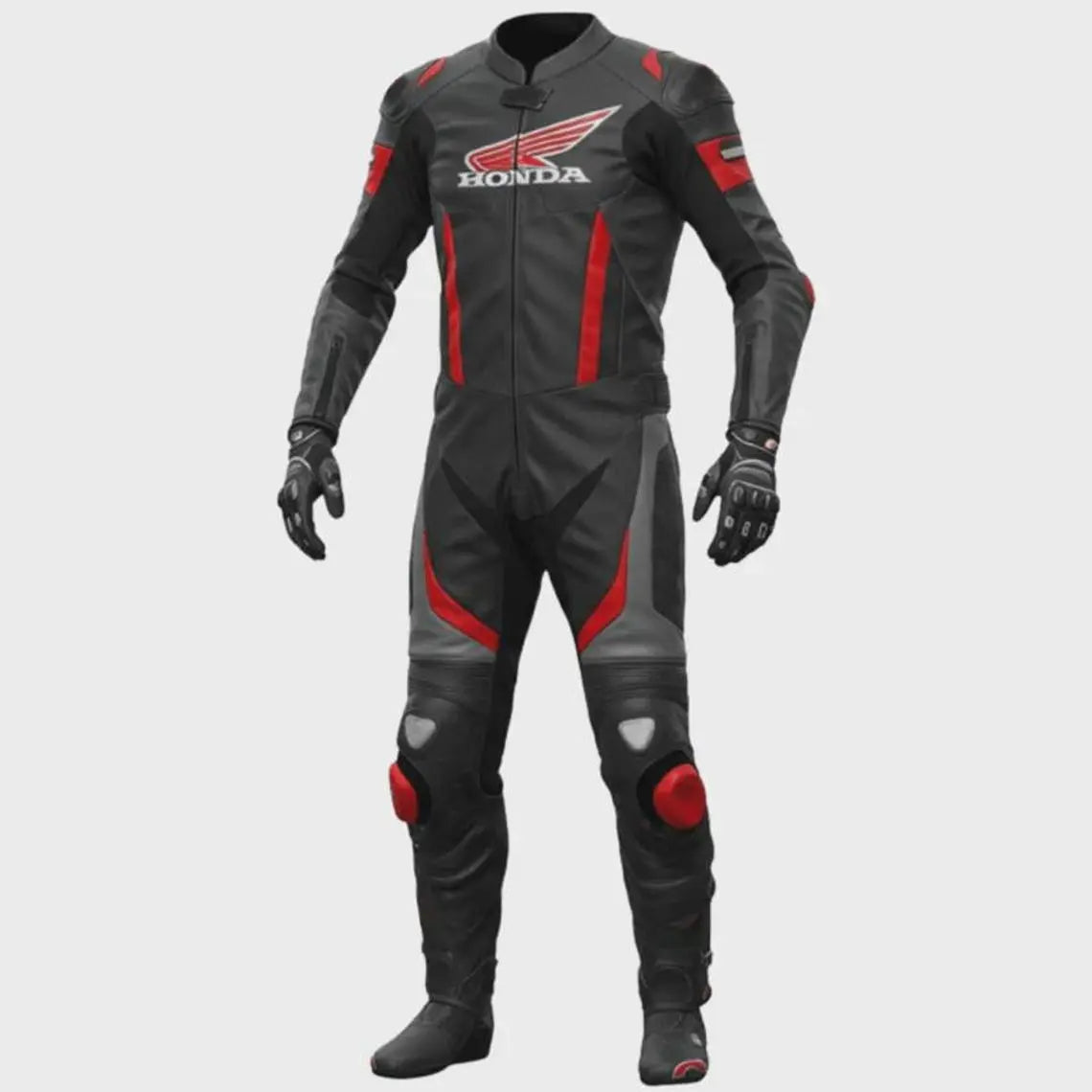 One piece Honda leather motorcycle racing suit with breathable lining and slim ergonomic racing fit.