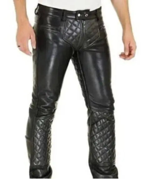 Premium black leather biker pants with fly zipper closure