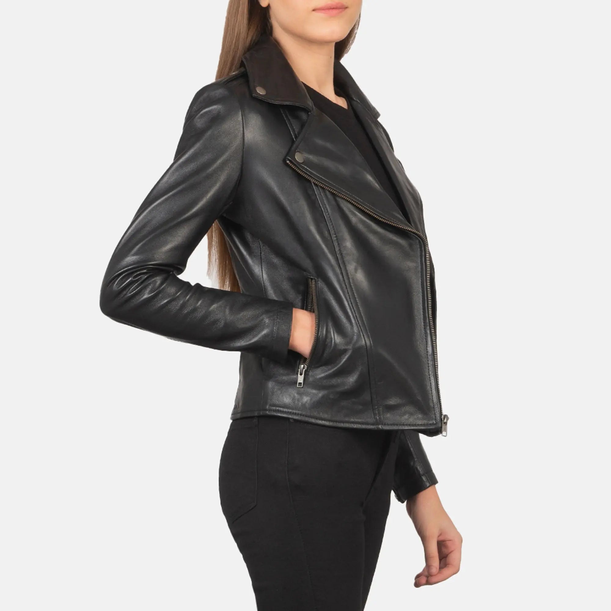 Premium black motorcycle leather jacket close-up