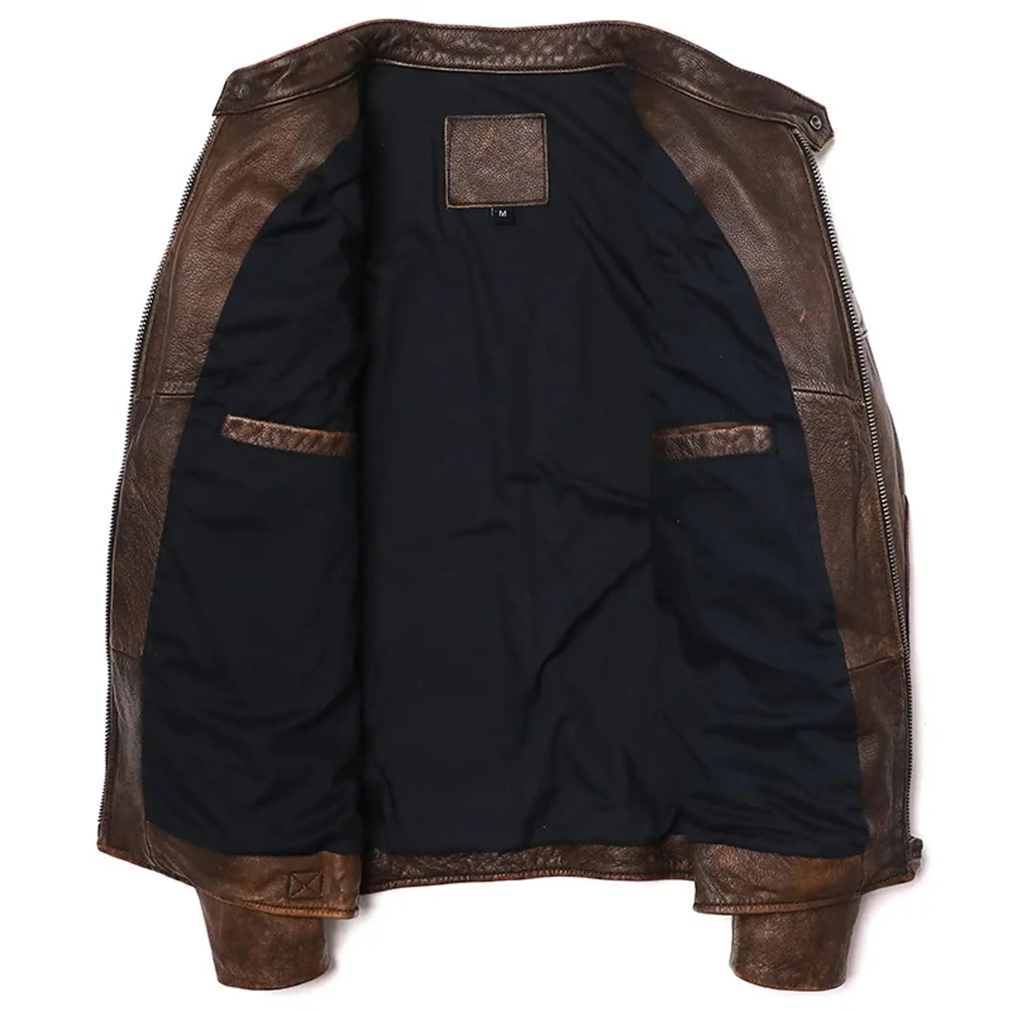 Premium genuine leather biker jacket showing detailed stitching and asymmetrical zip design