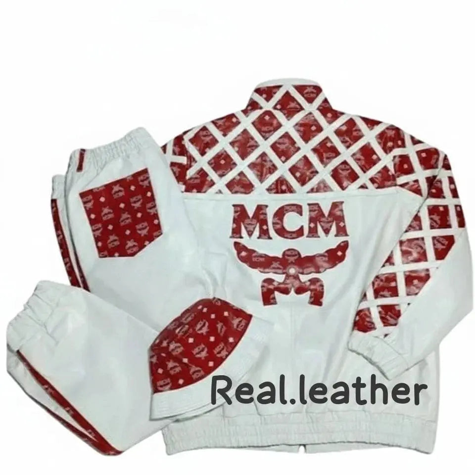 Premium genuine leather white and red streetwear tracksuit outfit with bucket ha