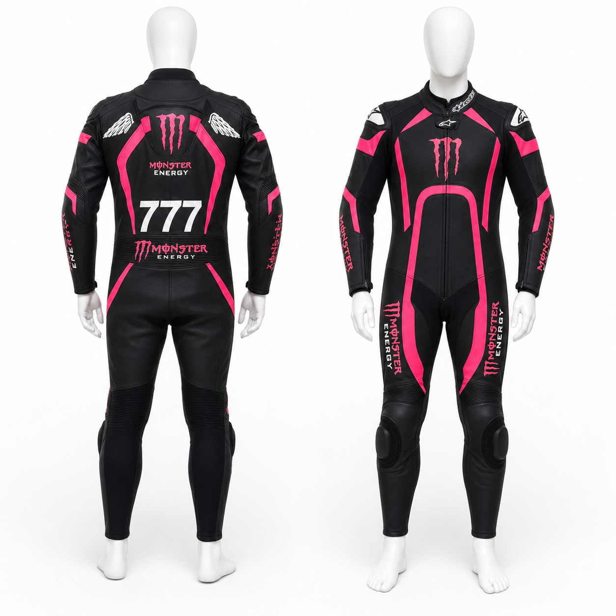 Black pink one piece leather racing suit displayed on white mannequin front and back view