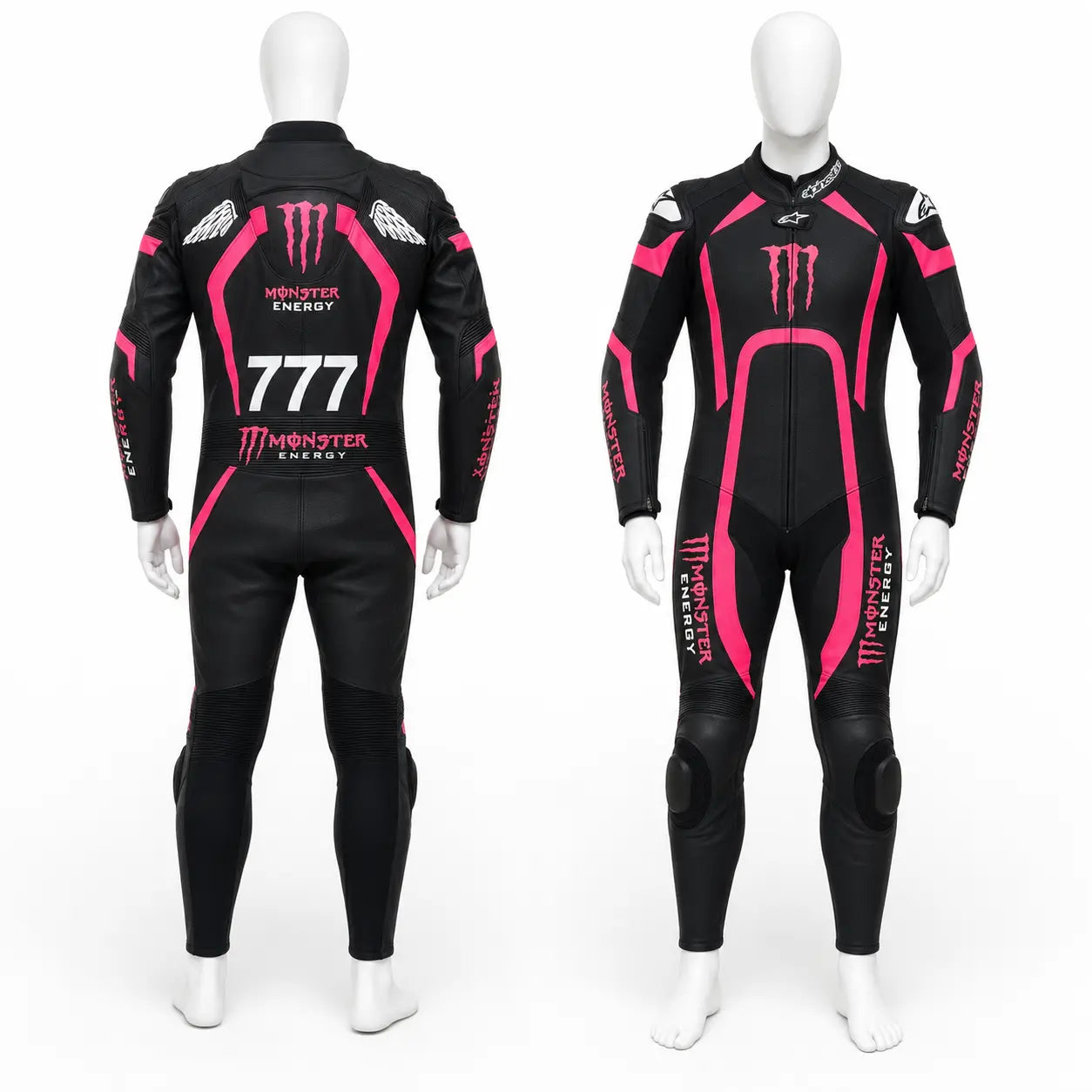 Black pink one piece leather racing suit displayed on white mannequin front and back view