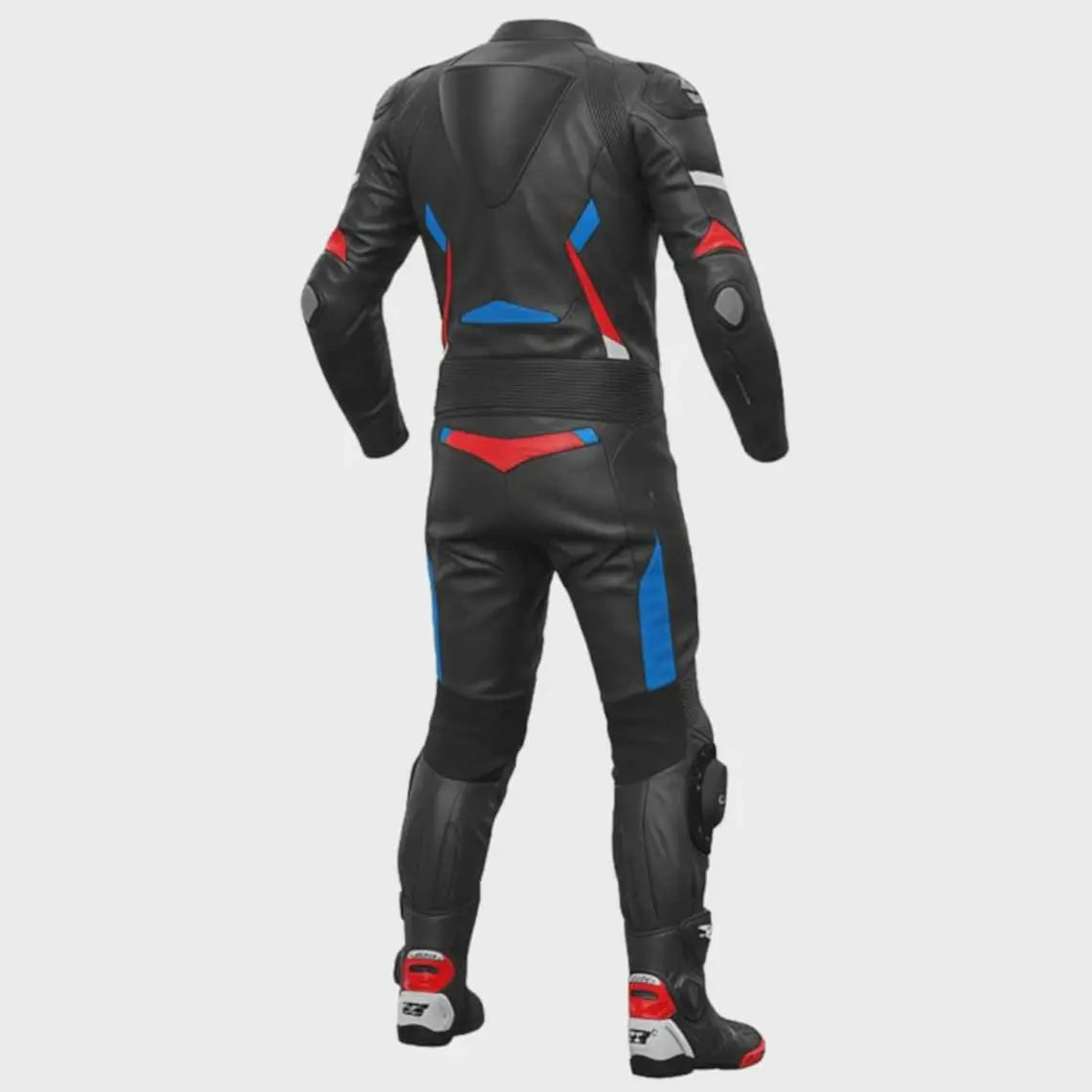 Premium Suzuki GSX-R biker leather suit with reinforced knee sliders and track-ready protection.