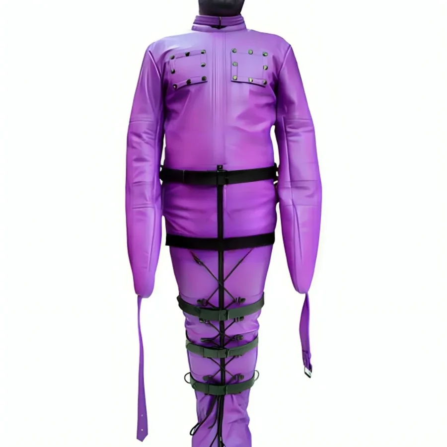 Front view of purple genuine leather restraint suit with enclosed sleeves, studded chest panels, black body straps and a laced lower section.