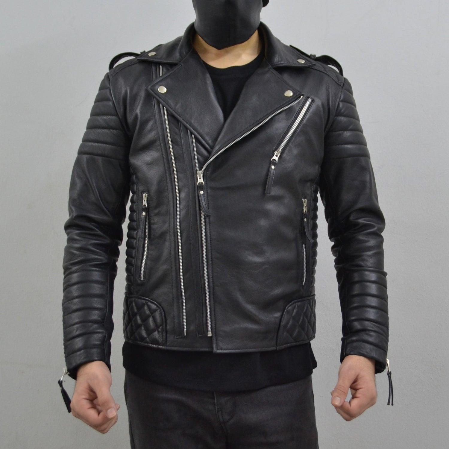 Men's Vintage Quilted Genuine Leather Biker Jacket - Soft Padded Motorcycle Jacket