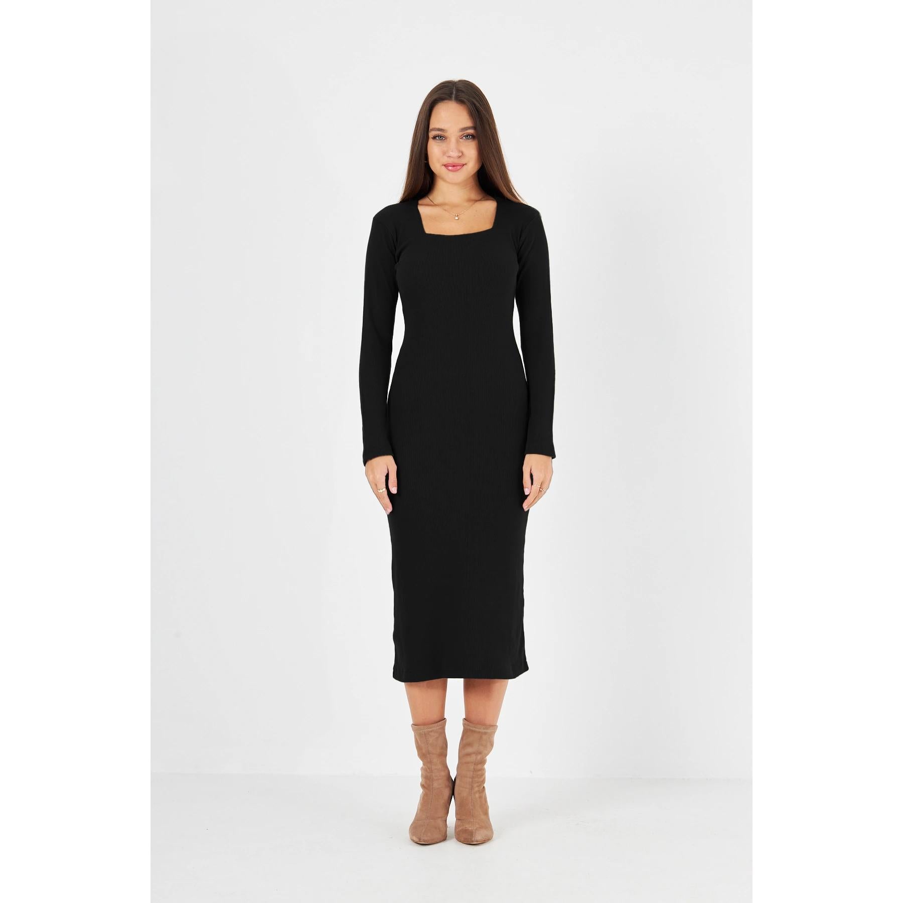 Women’s Black Square Neck Leather Bodycon Dress (Slim Fit Designer Style)