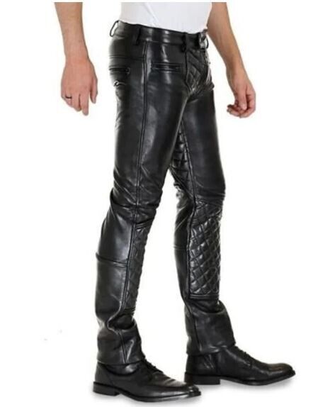 Quilted real leather black biker motorcycle pants front view