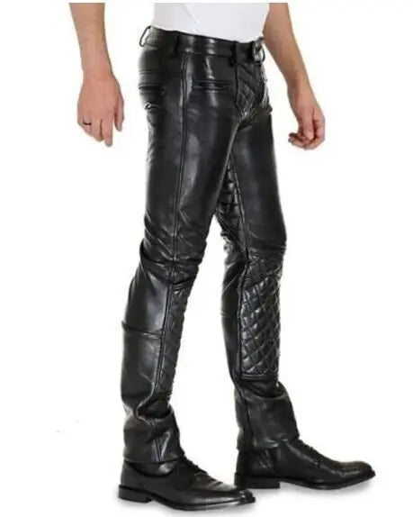Quilted real leather black biker motorcycle pants front view