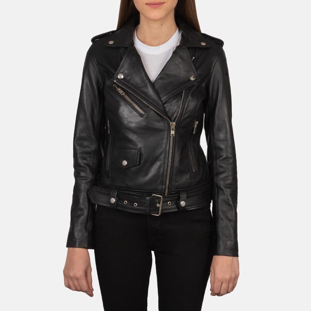Women's Genuine Black Leather Biker Jacket - Slim Fit Motorcycle Jacket