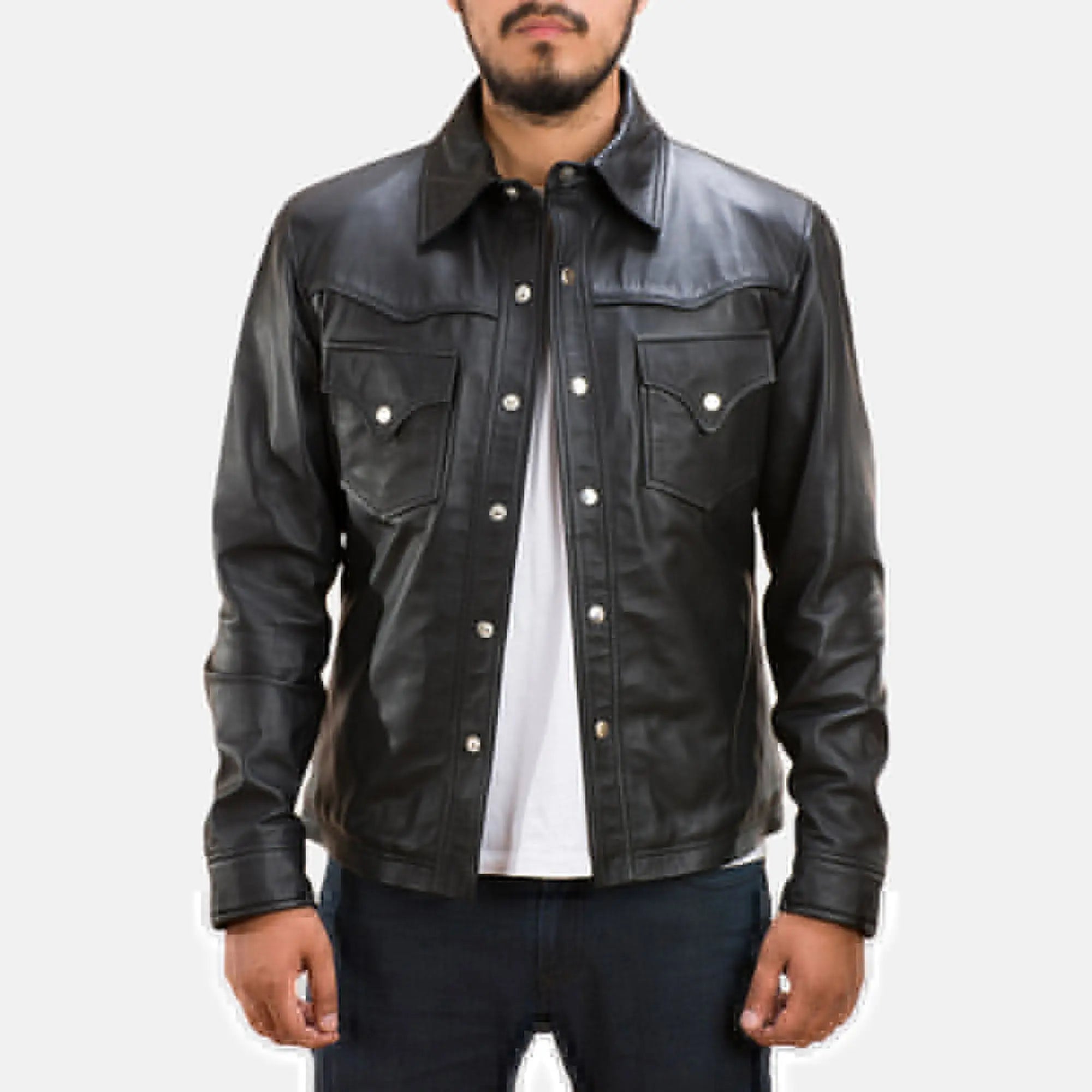 Ranchson black leather shirt front view