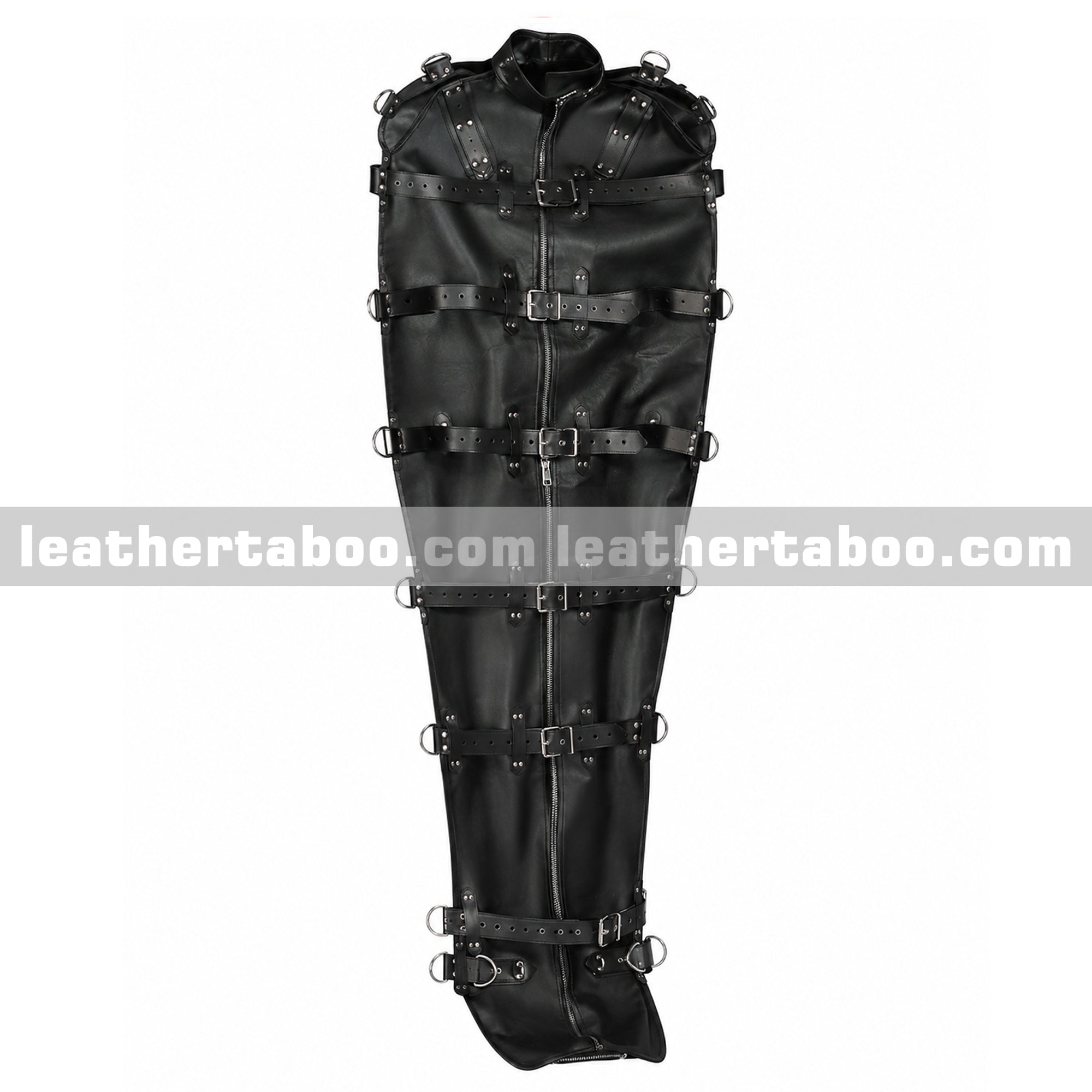 Real black leather full body sleep sack with adjustable buckle straps and durable front zipper closur