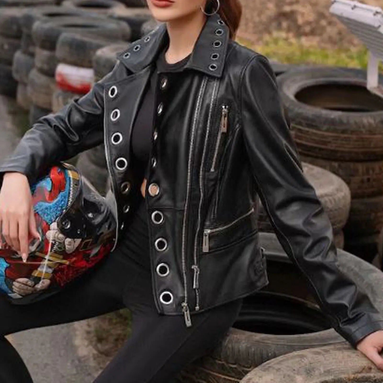 Women's Real Genuine Leather Motorcycle Black Slim Fit Zipper Biker Jacket, front view 2