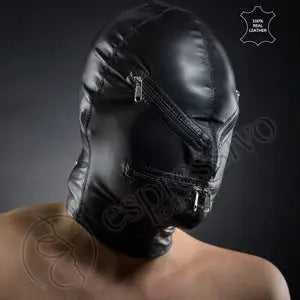 Black Leather BDSM Hood Suffocating Mask - Gimp Extreme Bondage Mask - Fetish Gear