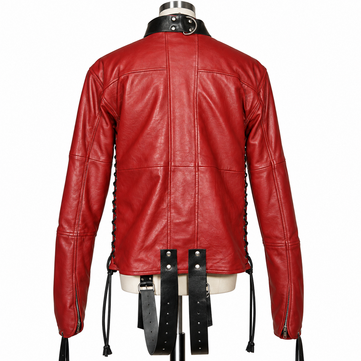 Rear view of red leather straitjacket with black collar D-ring, long sleeves, zip cuffs, side lacing and hanging lower leather straps.