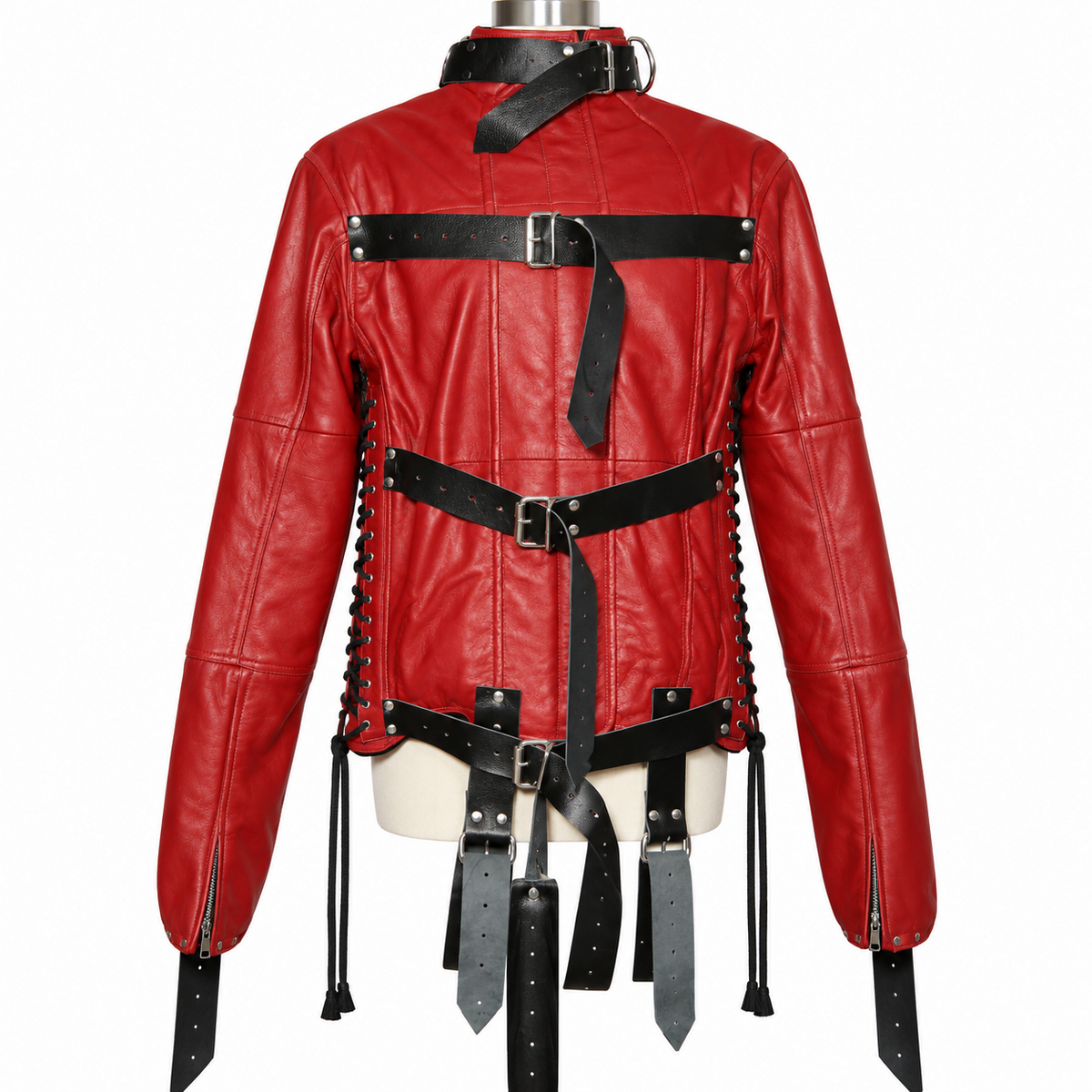 Red leather straitjacket front view on a mannequin with black buckle straps, high collar, long zip-cuff sleeves and black side lacing.