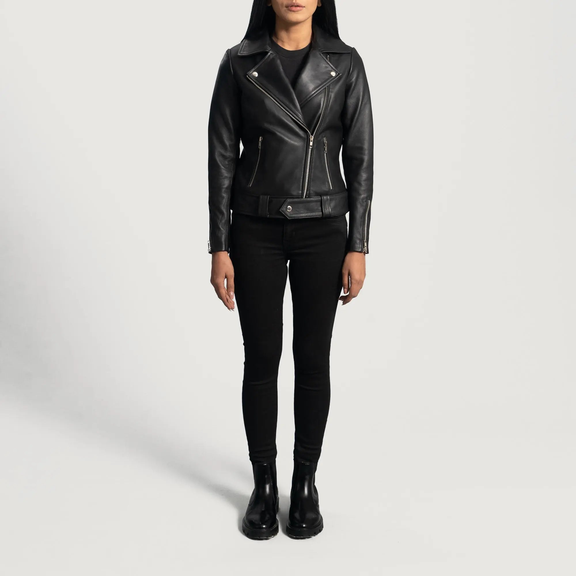 Rumy black leather biker jacket premium front view