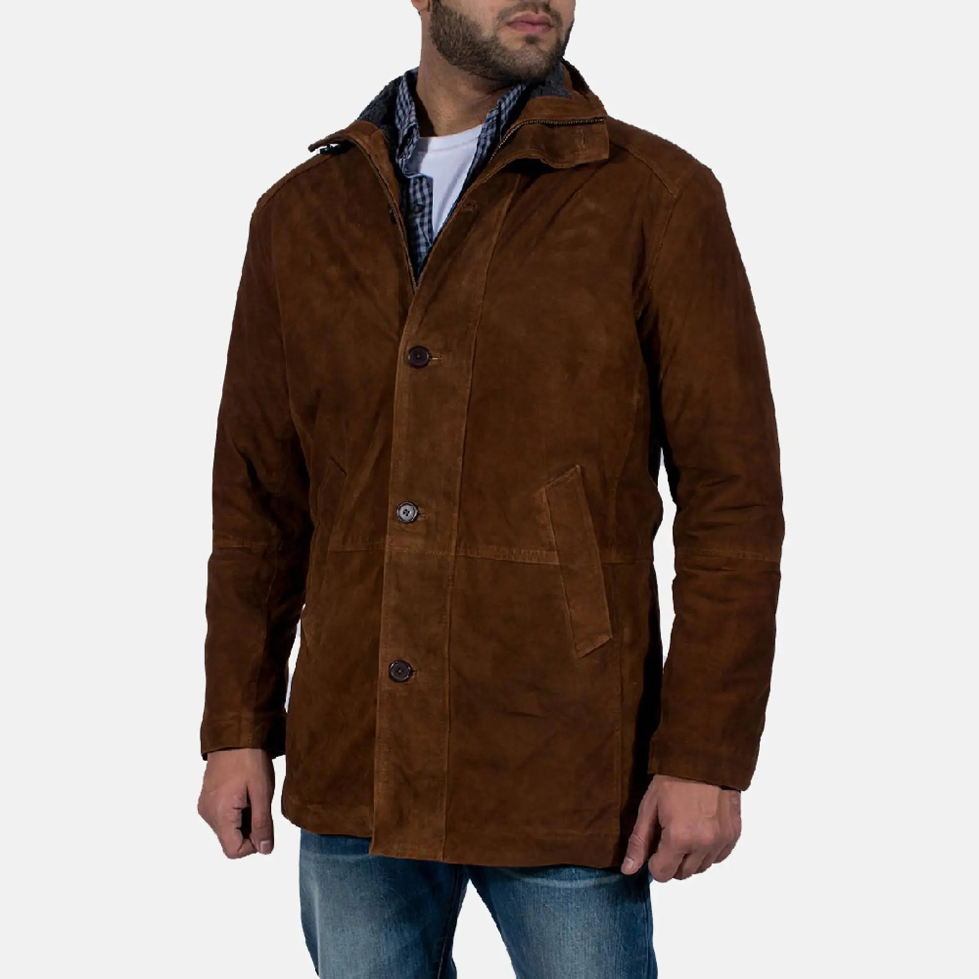 Sheriff suede brown leather jacket front view