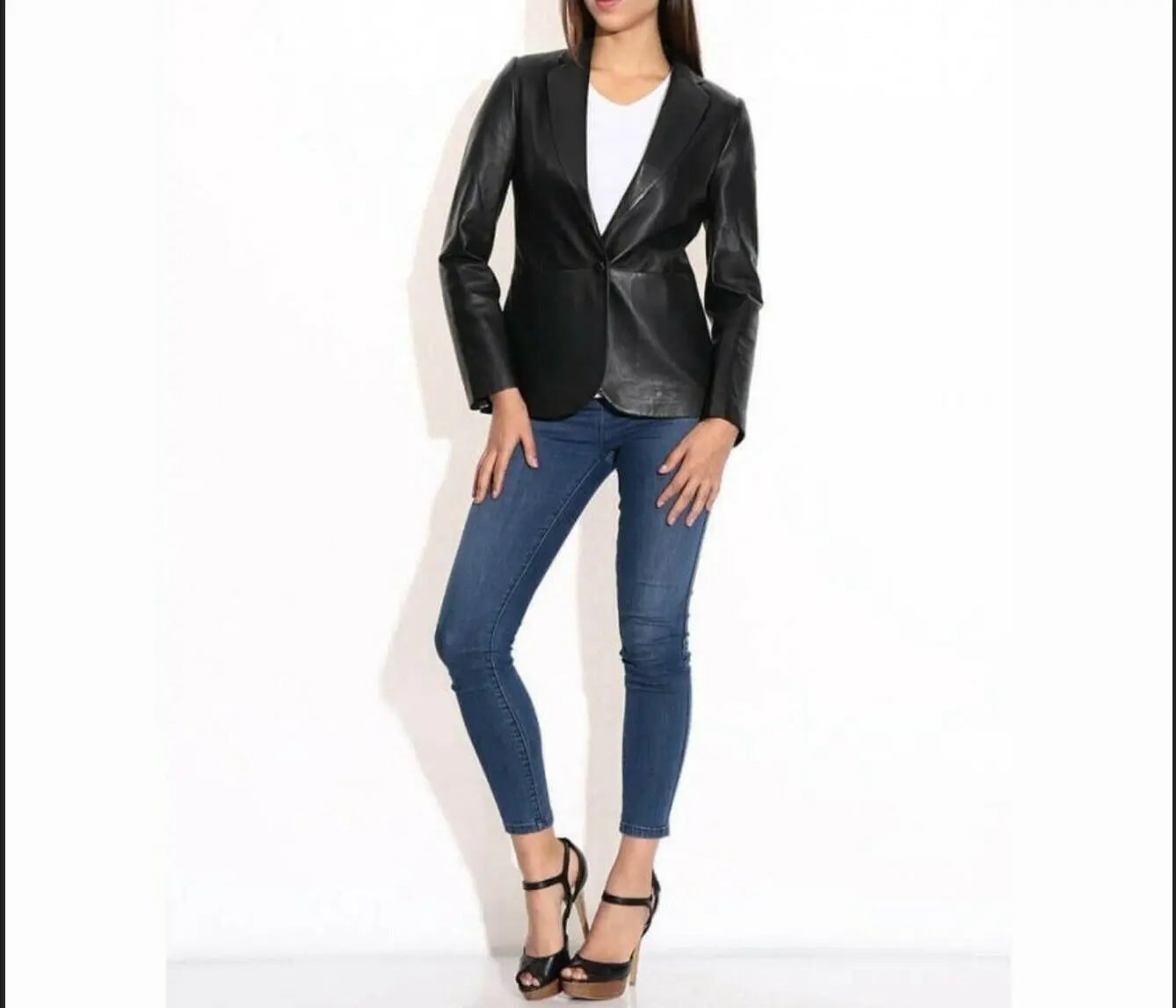 Slim fit black leather blazer coat women elegant outfit look