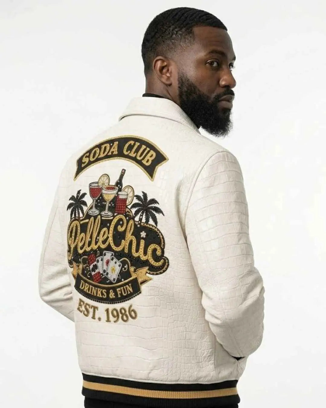 Soda Club โCollectorโs Seriesโ White Croc-Embossed Varsity Jacket