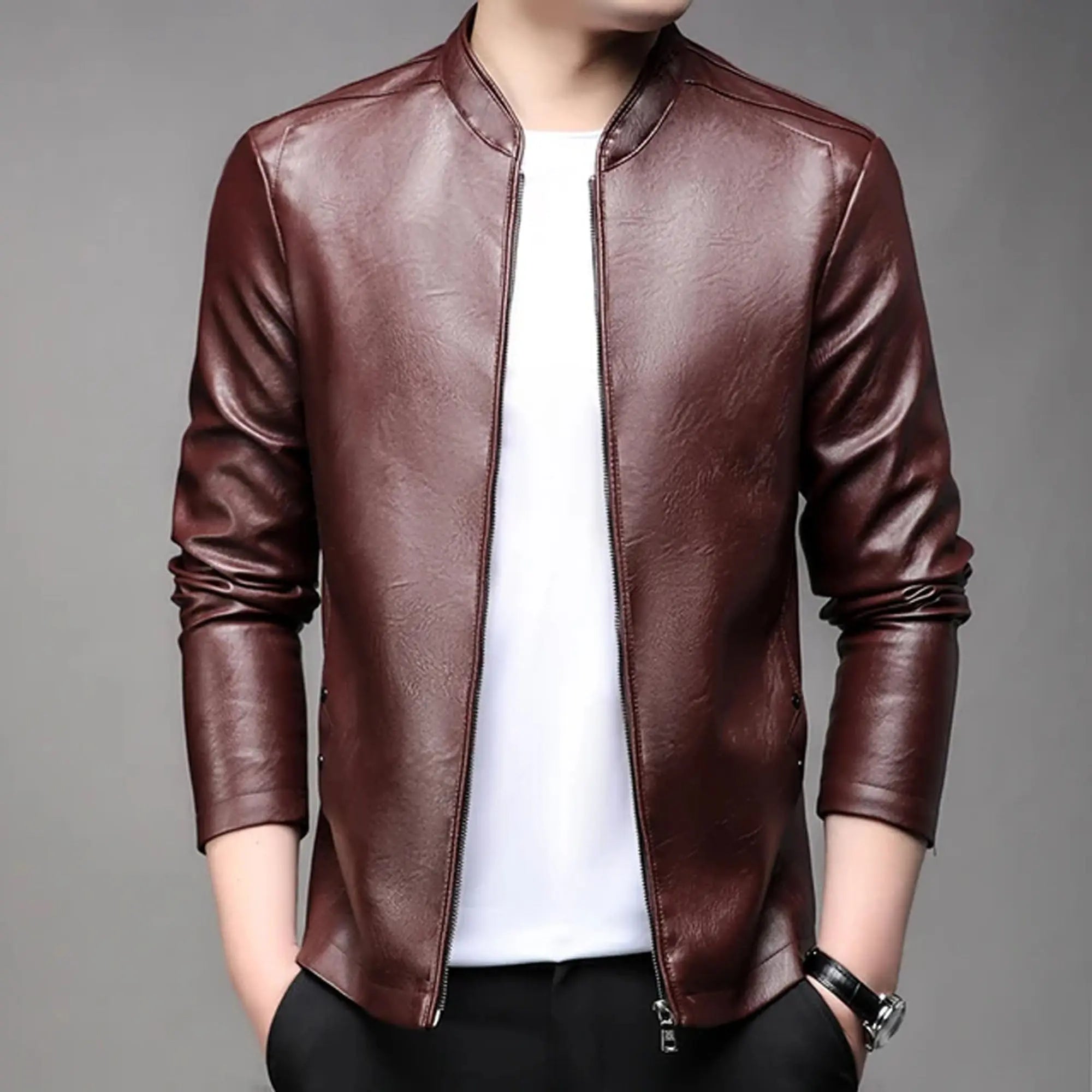 Stand collar leather biker jacket men zip detail close HD