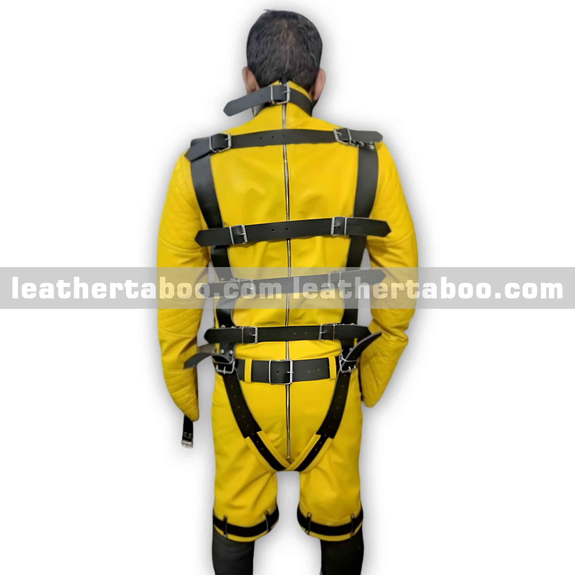 Heavy Duty Yellow Bondage Restraint Suit with Black Leather Straps – Full Body BDSM Gear